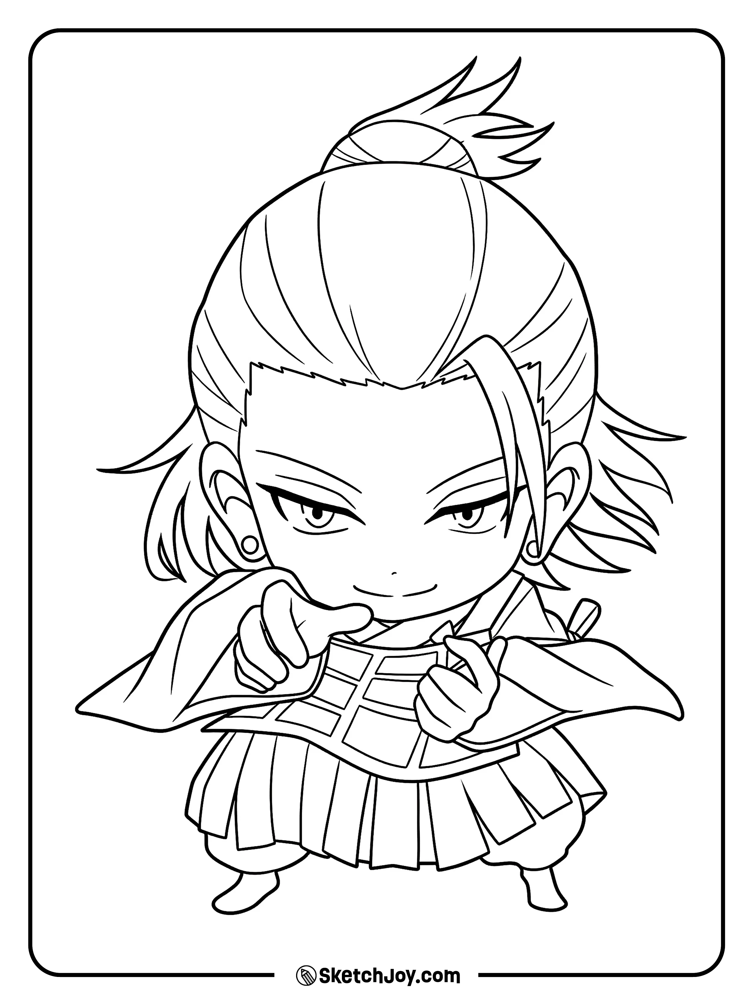 A cute chibi Geto points ahead with a playful and clever grin.