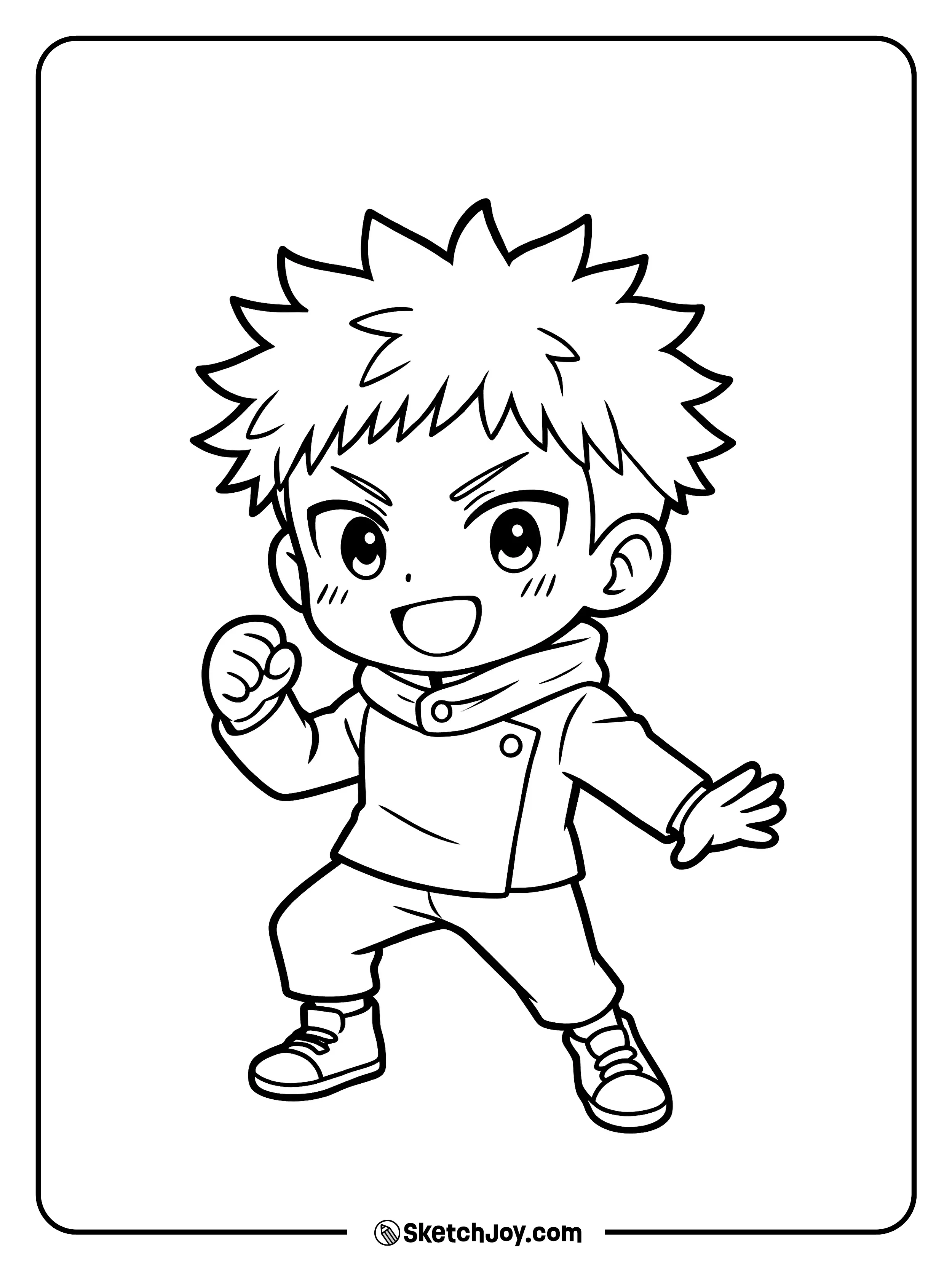 A cute chibi Yuji stands ready with a big smile and raised fist.