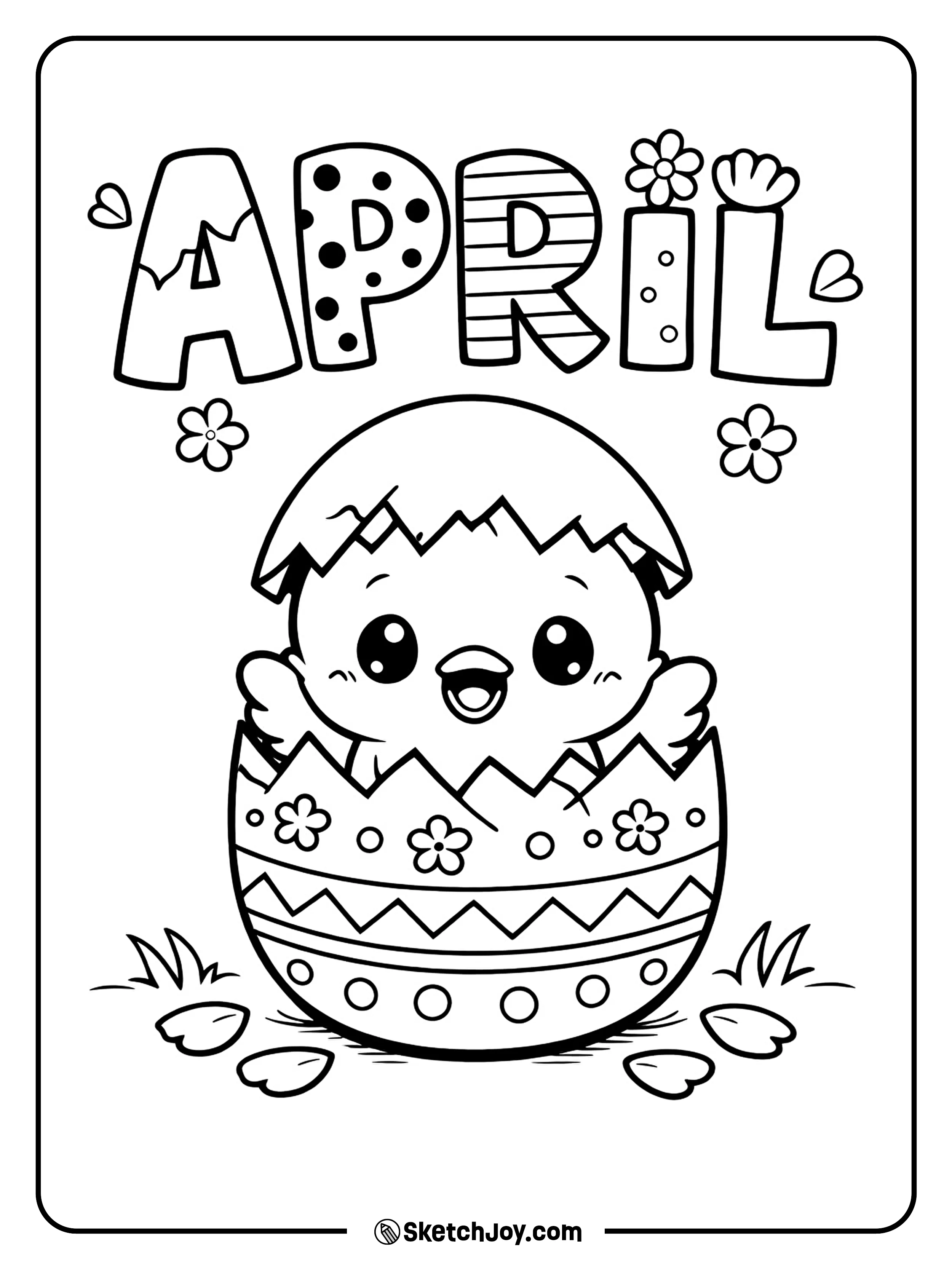 A fluffy chick pops out of a cracked egg under APRIL.