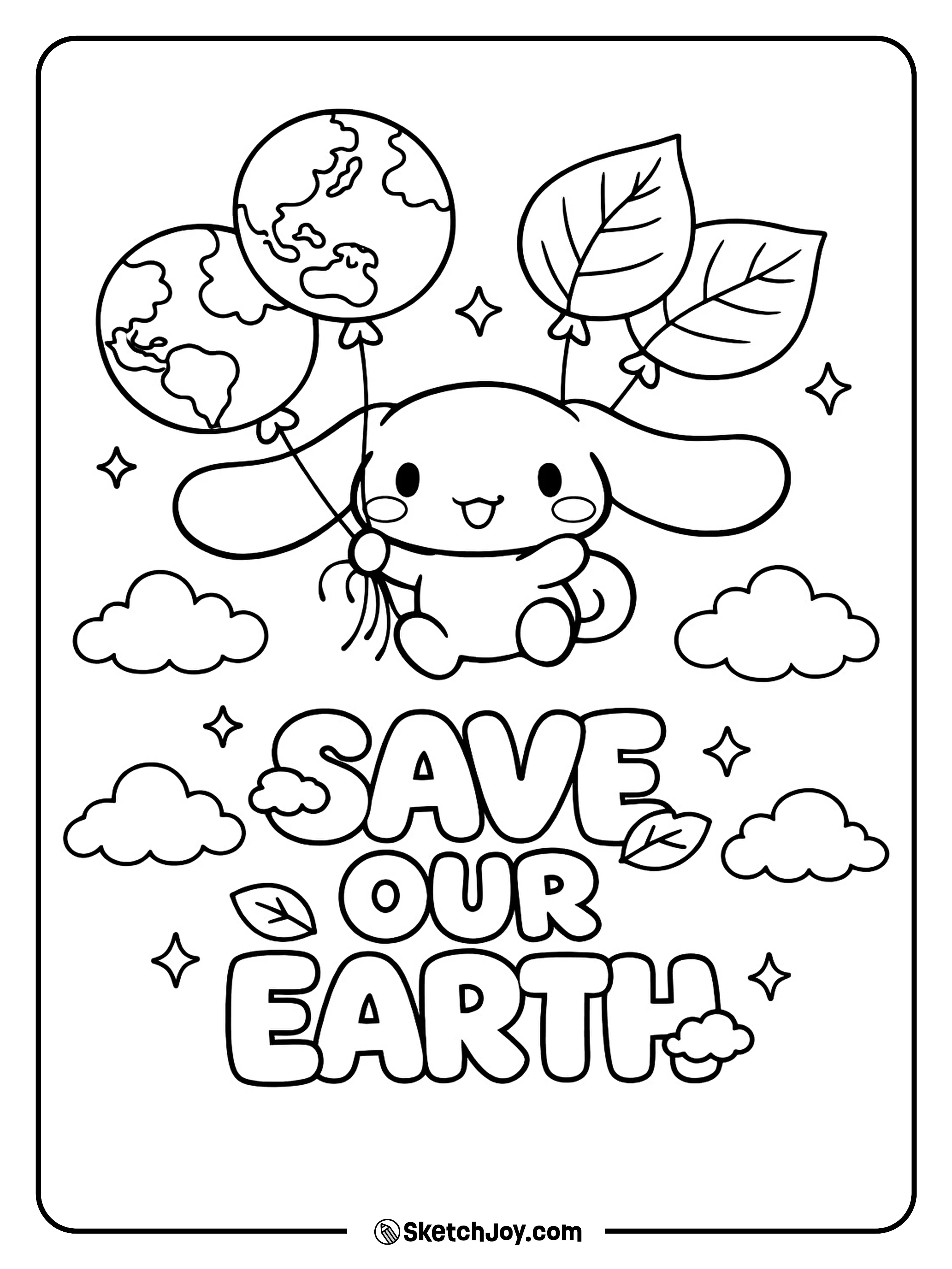 Cinnamoroll floats with Earth balloons in a bright sky.