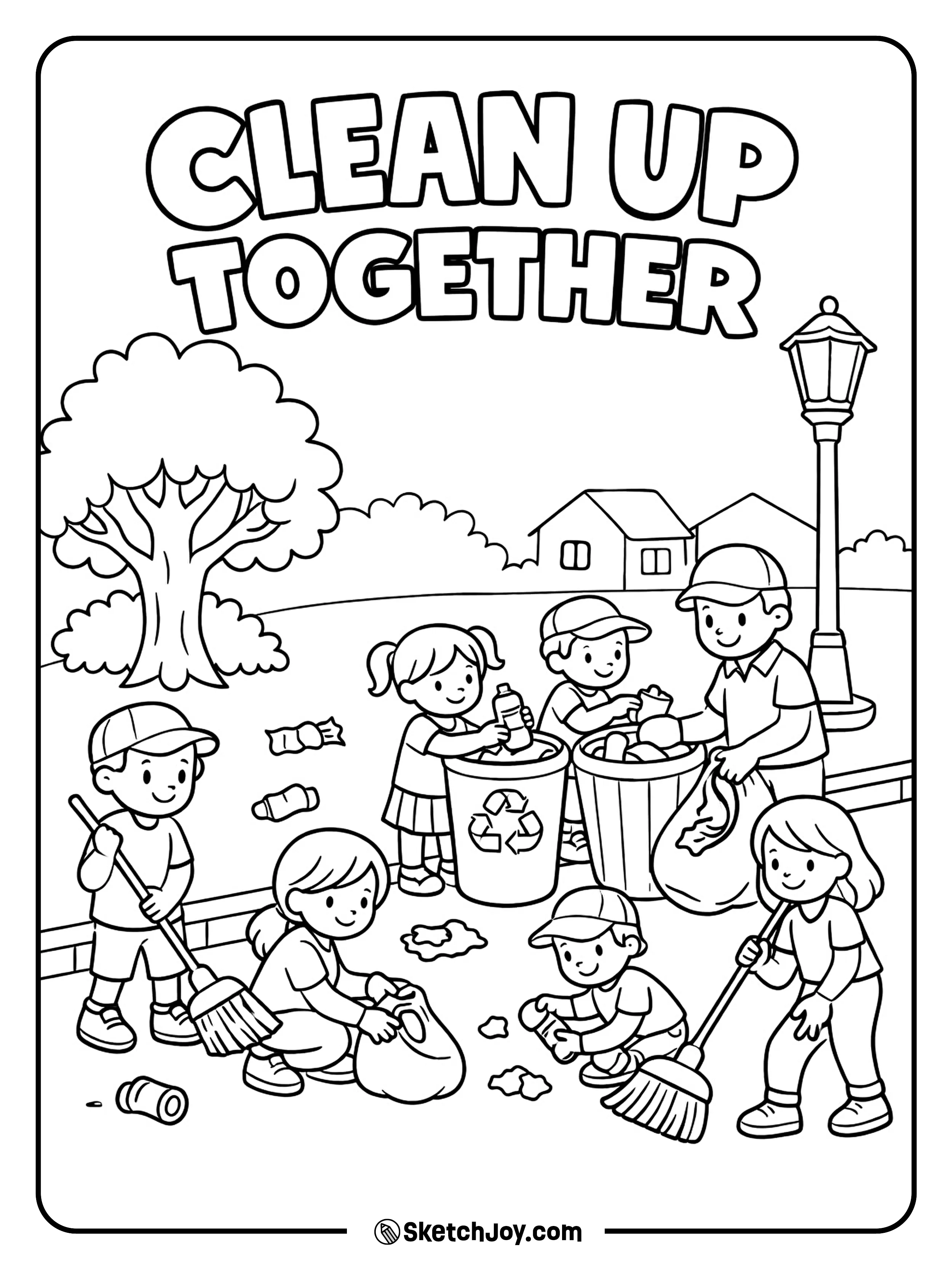 Neighbors sweep a street and place trash in bins together.