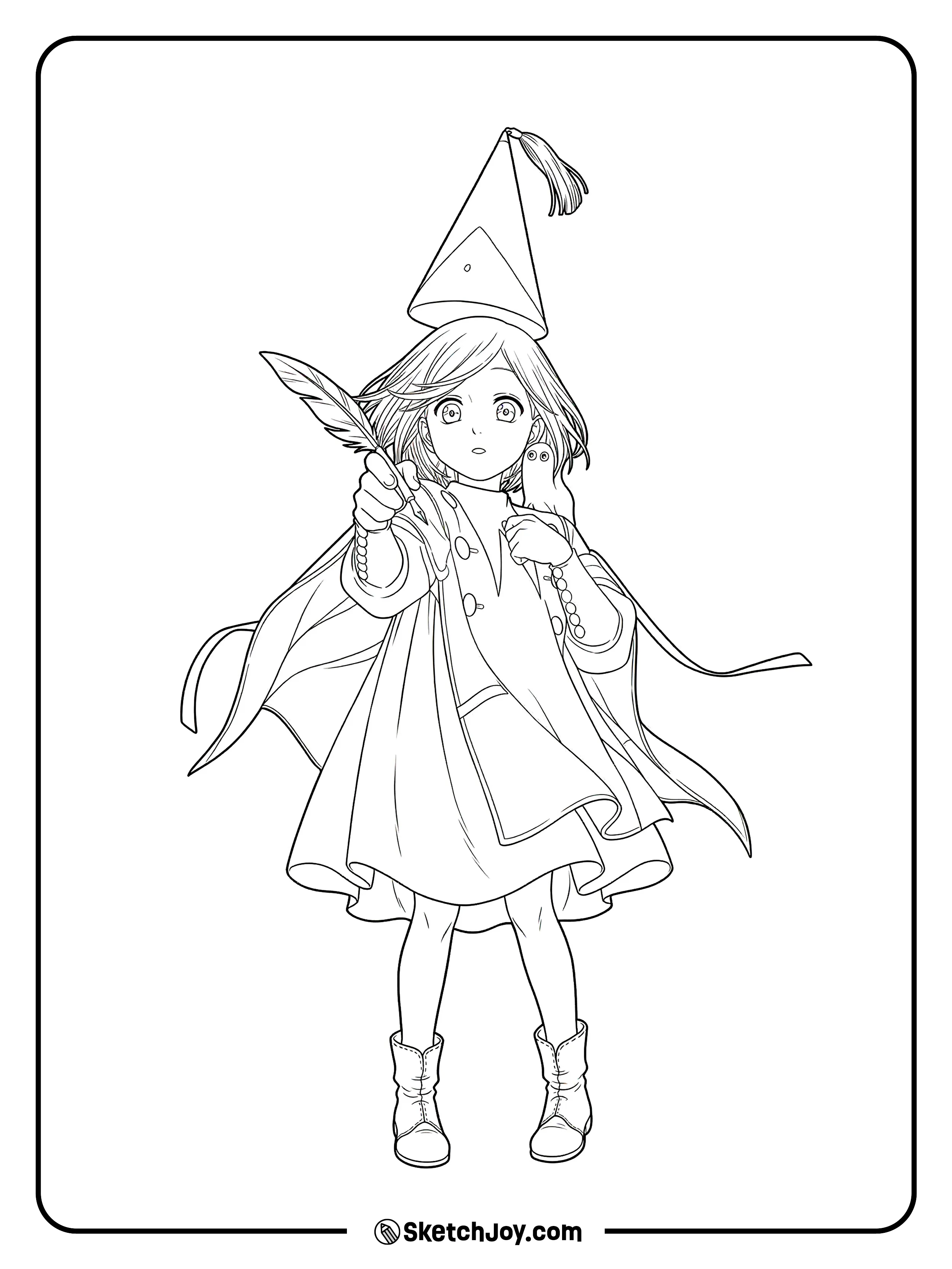 Coco stands in her witch outfit and holds out a feather with a calm, curious look.