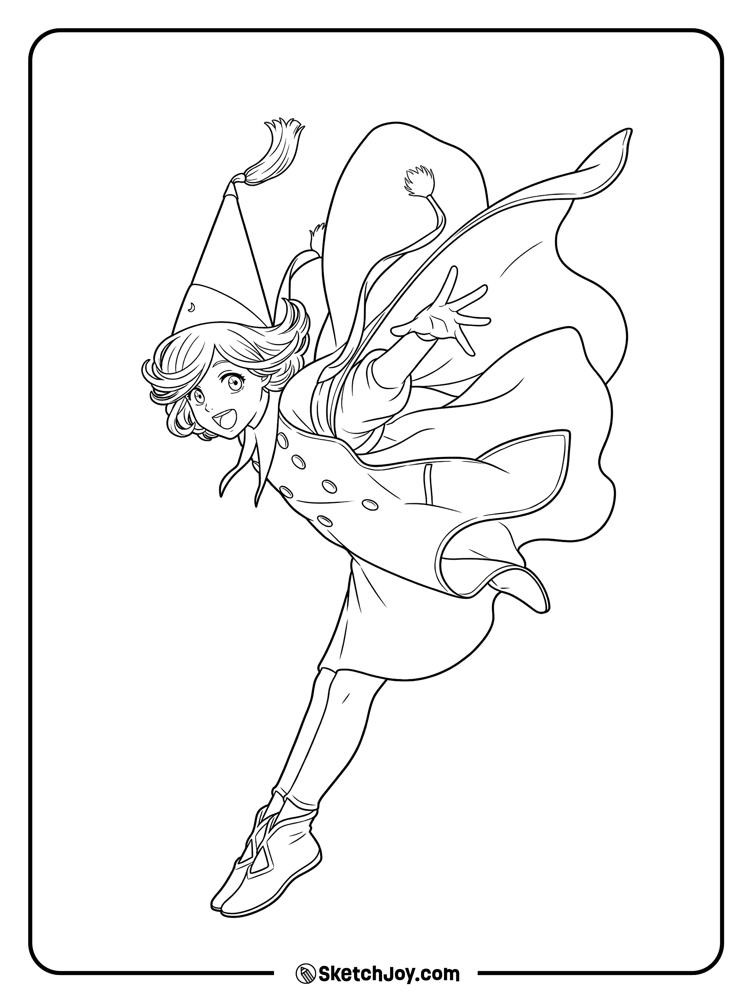 Coco flies forward with a big smile as her cape and dress wave in the air.