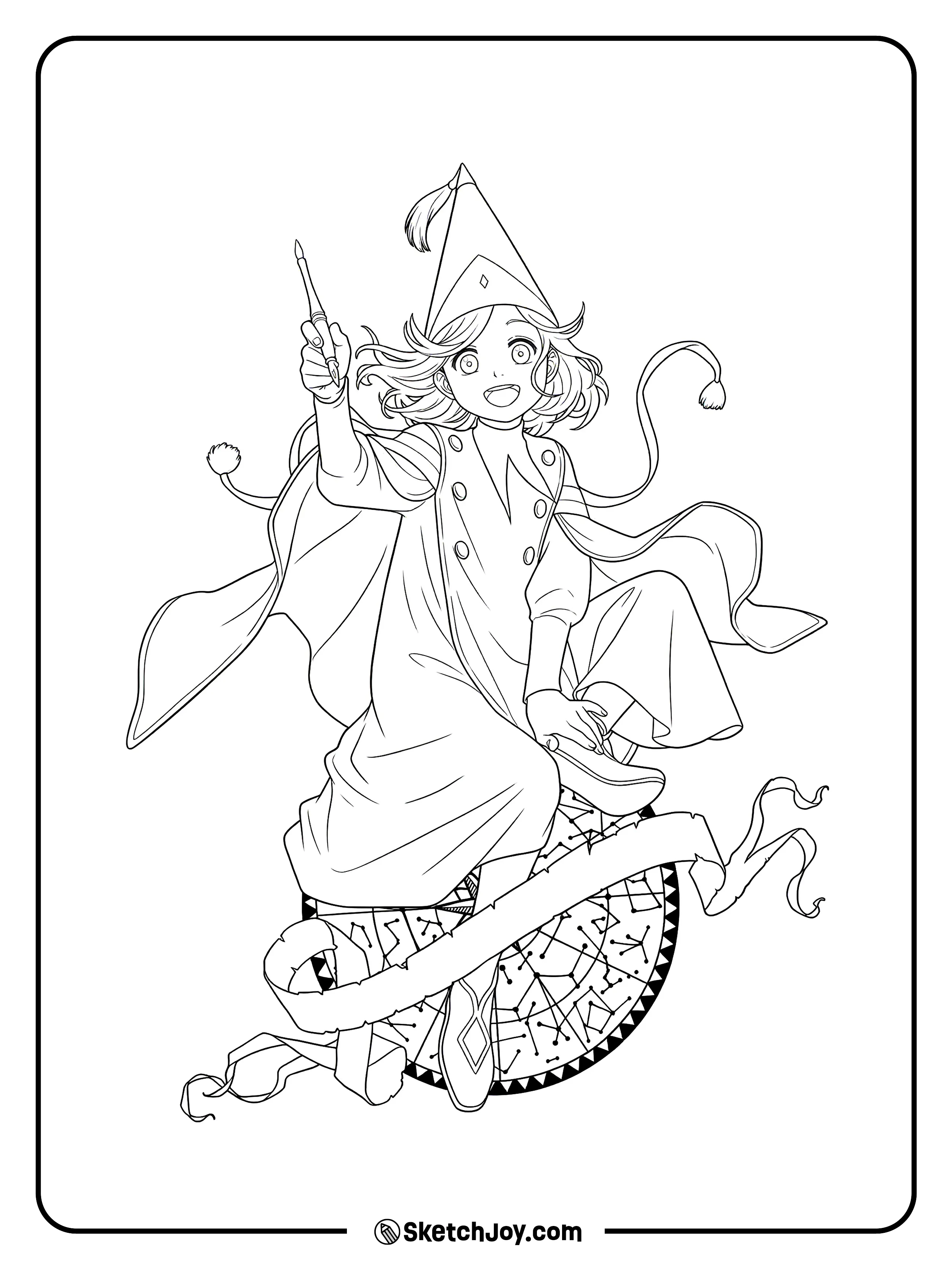 Coco sits with a happy smile while holding her pen above a detailed magic circle.