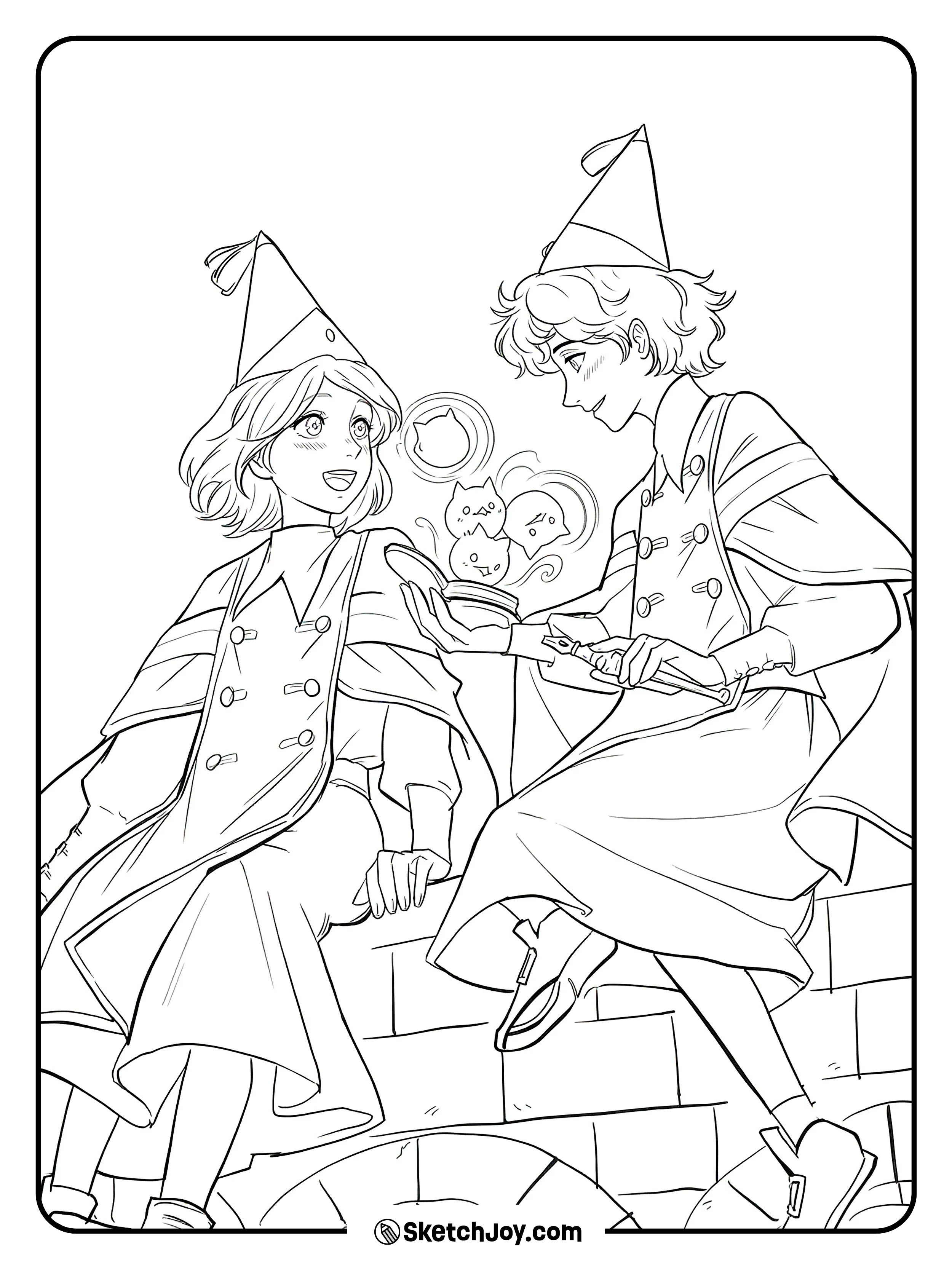 Coco and Agott sit together while a small jar of cute magic creatures glows between them.