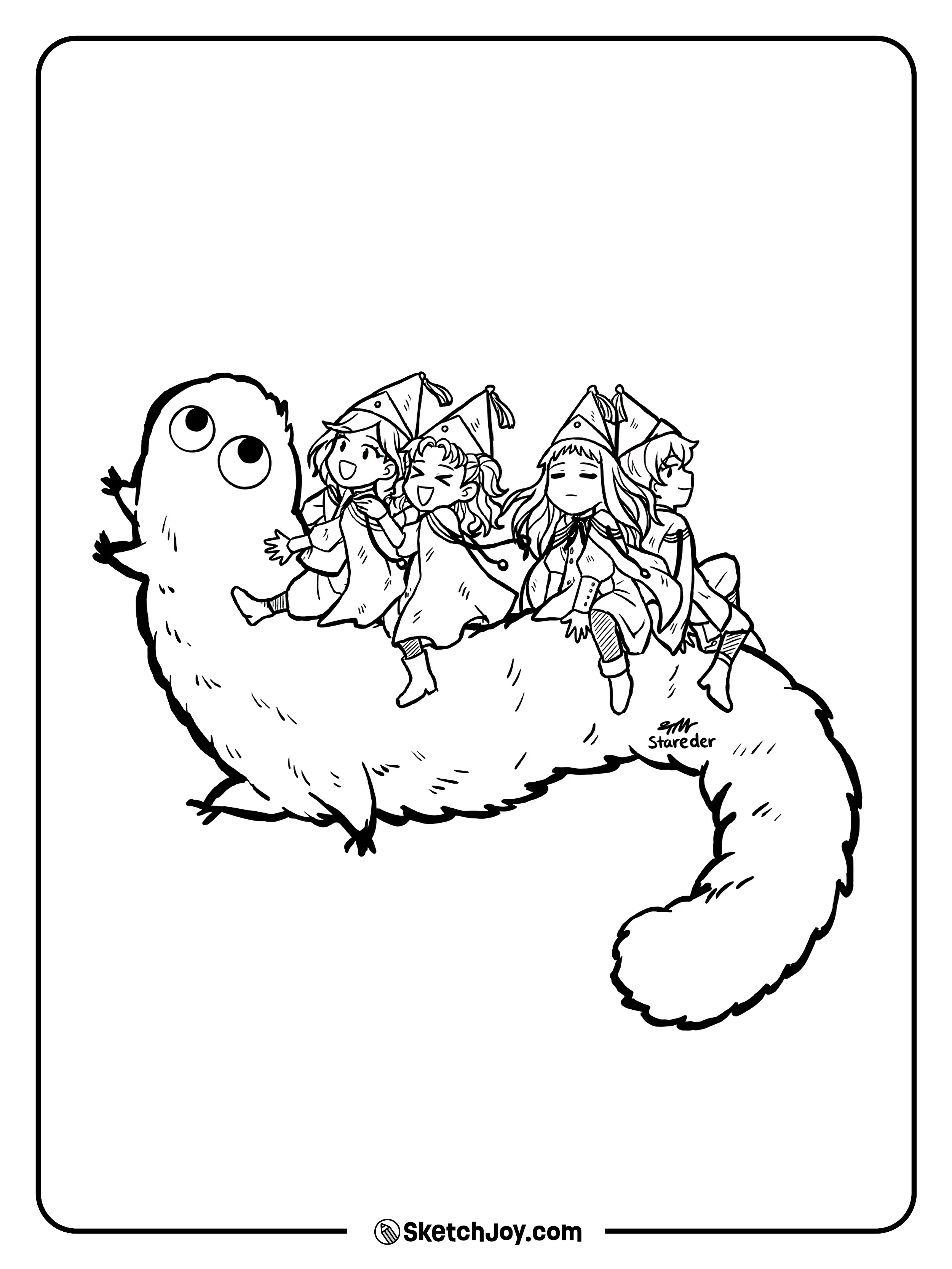 Coco and her witch friends sit together on Brushbuddy during a fun trip.