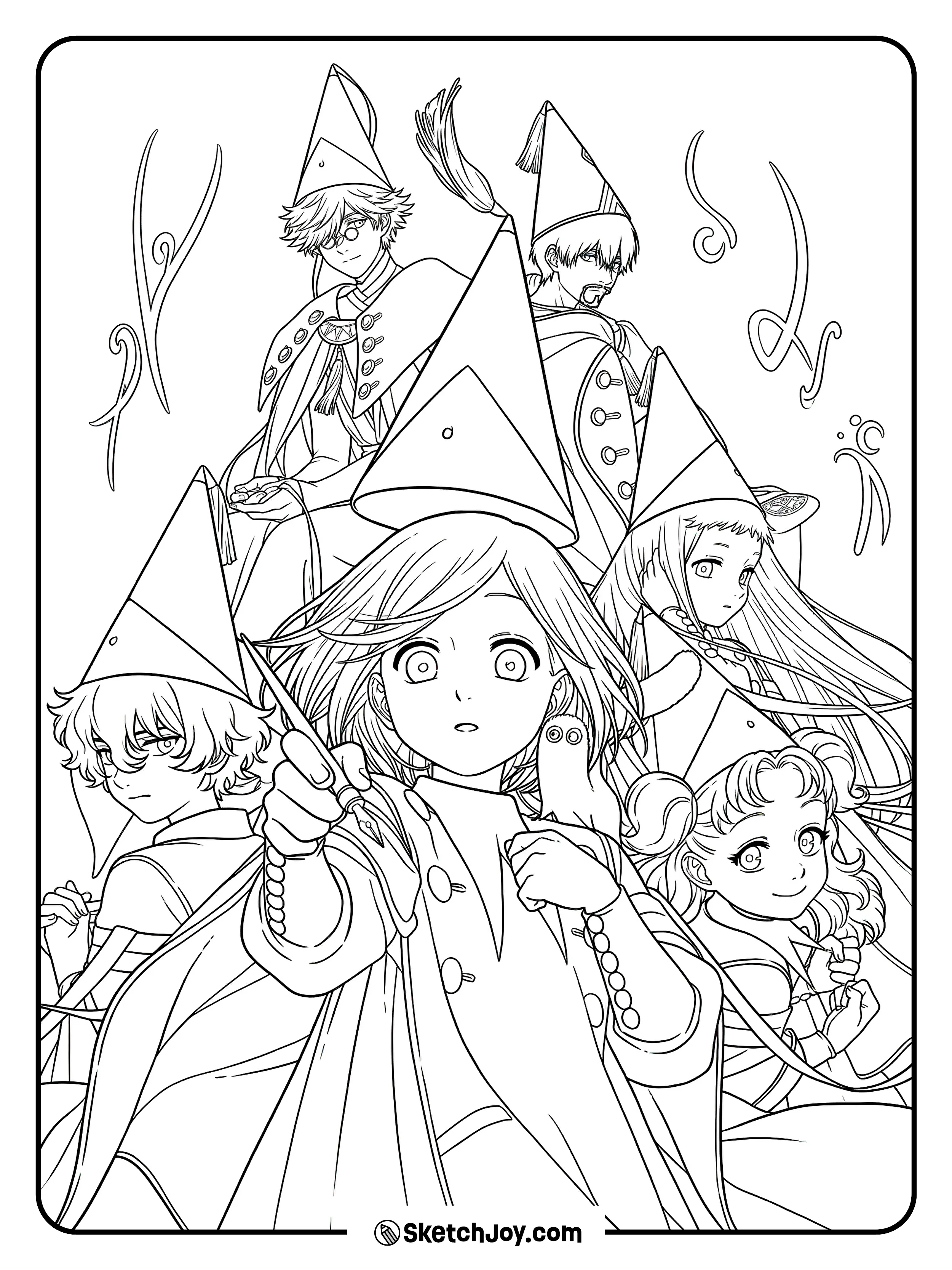 Coco stands at the front with her feather while the other witches gather around her in a magical group scene.