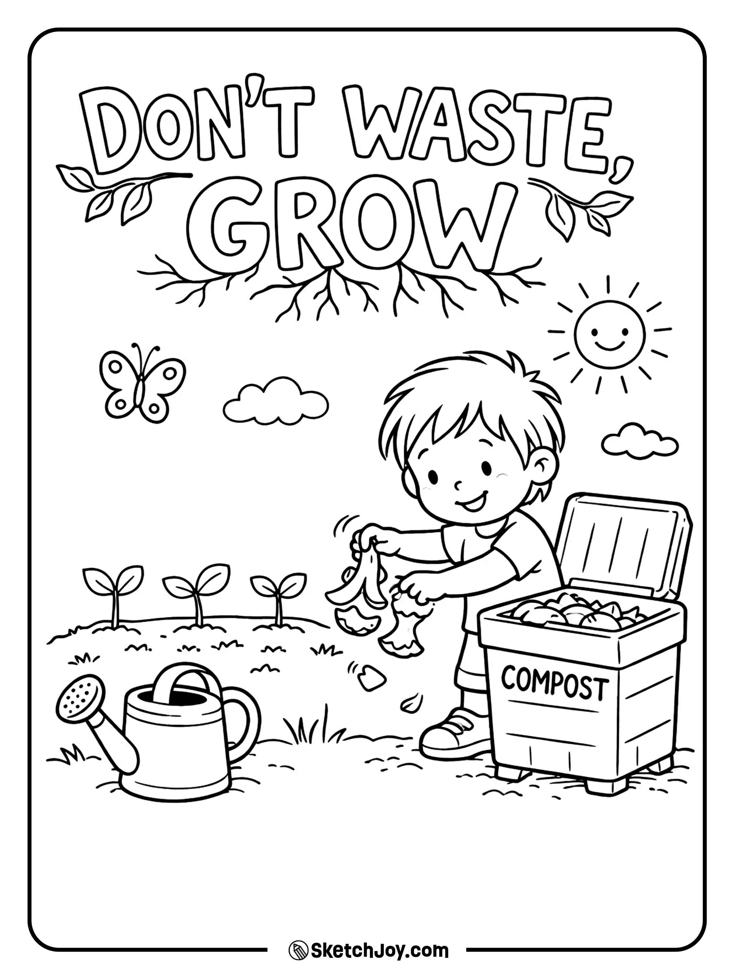 A child adds scraps to a compost bin near fresh plants.