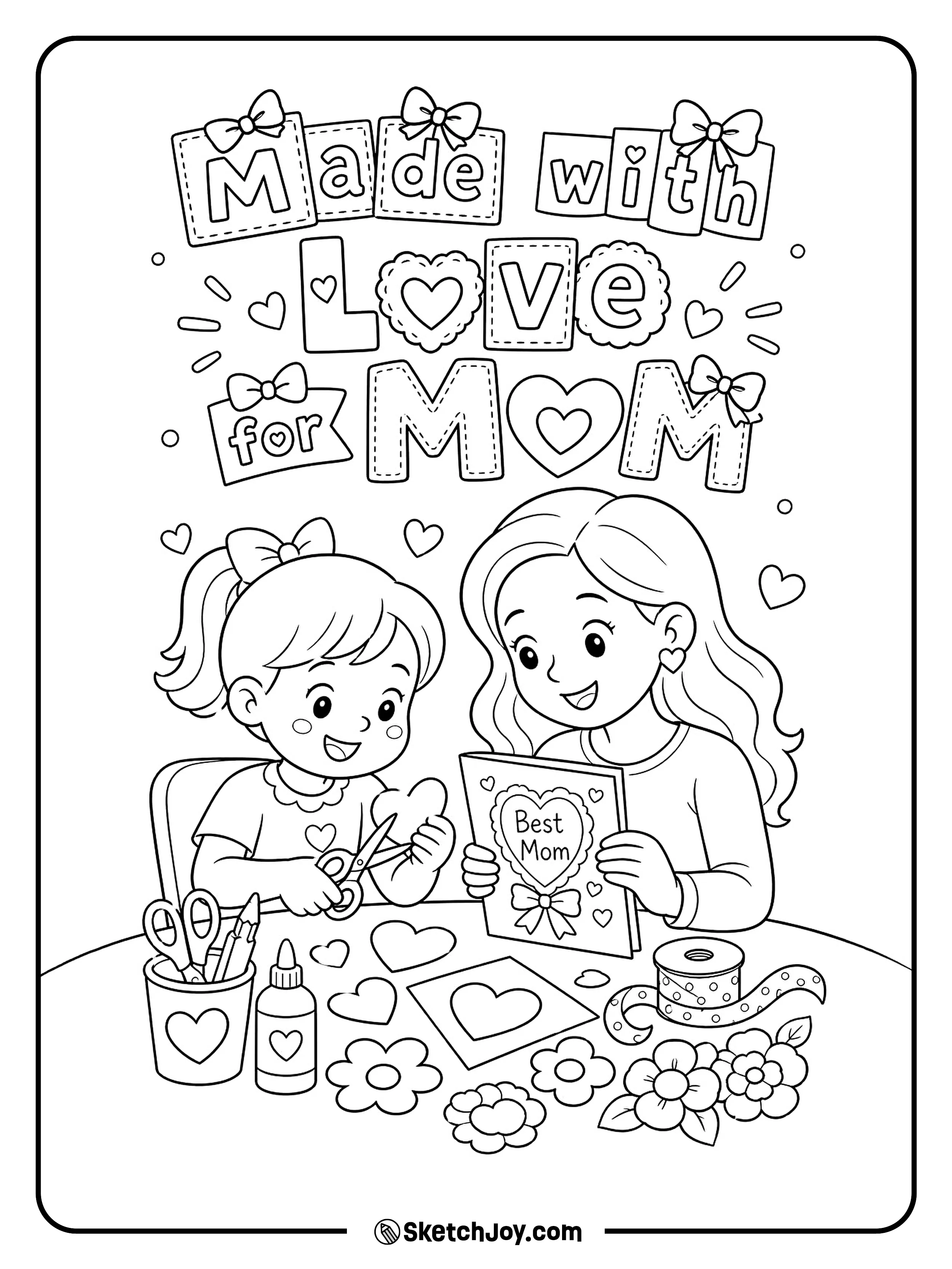 Mom and child make heart crafts at a table together.