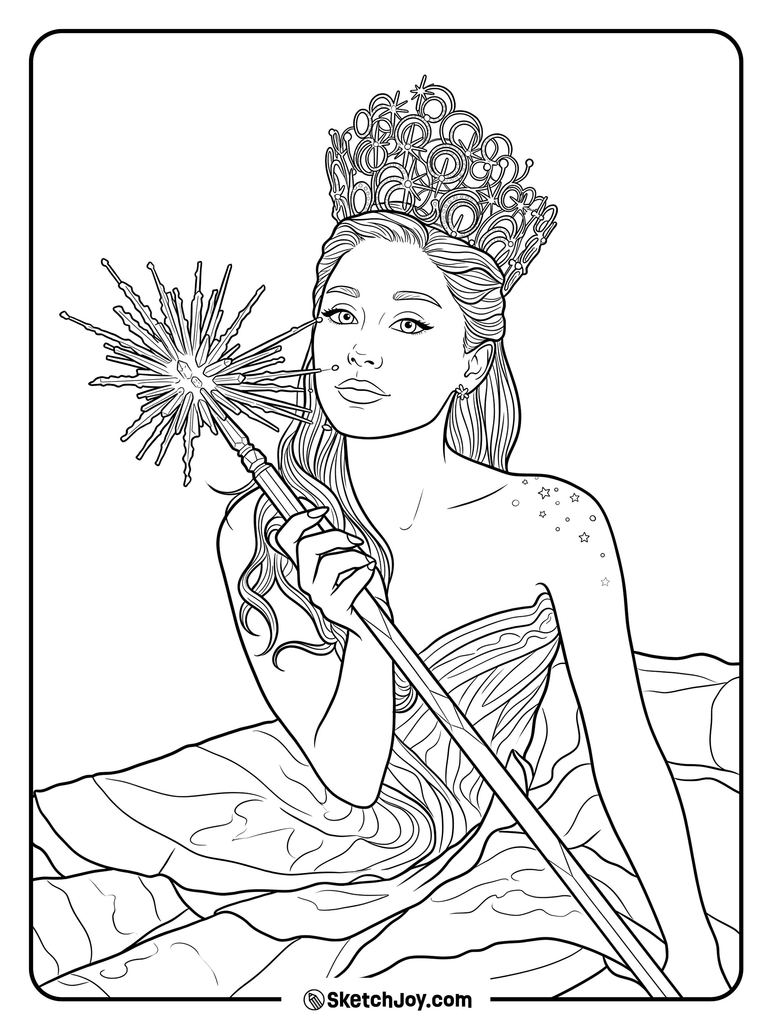 A dreamy portrait with a crown, flowing dress, and a sparkling wand.