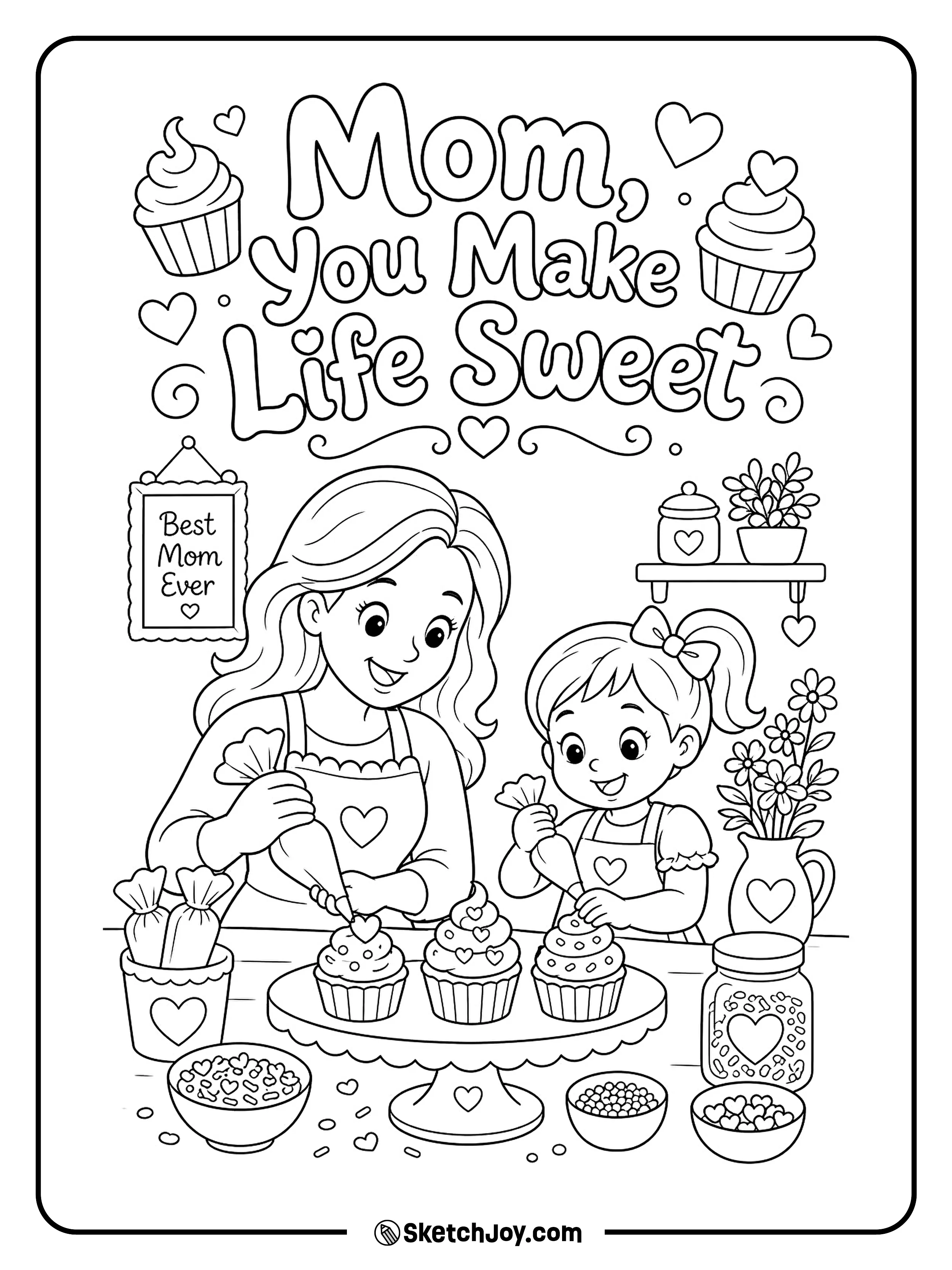 Mom and child decorate cupcakes with happy smiles.