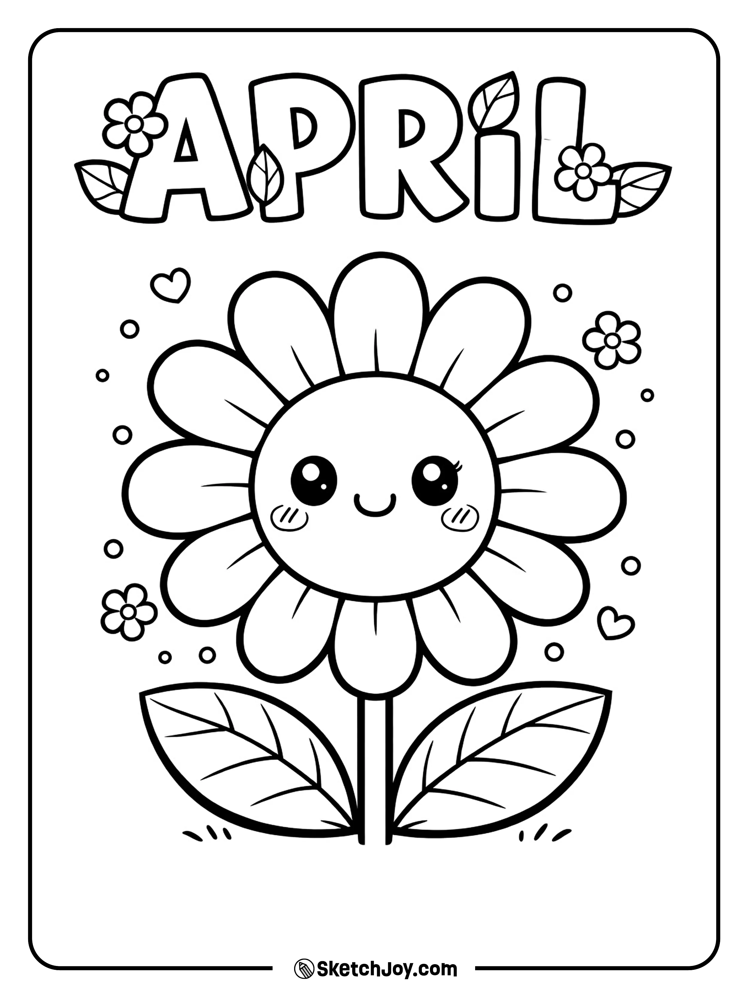 A smiling daisy blooms under the word APRIL.