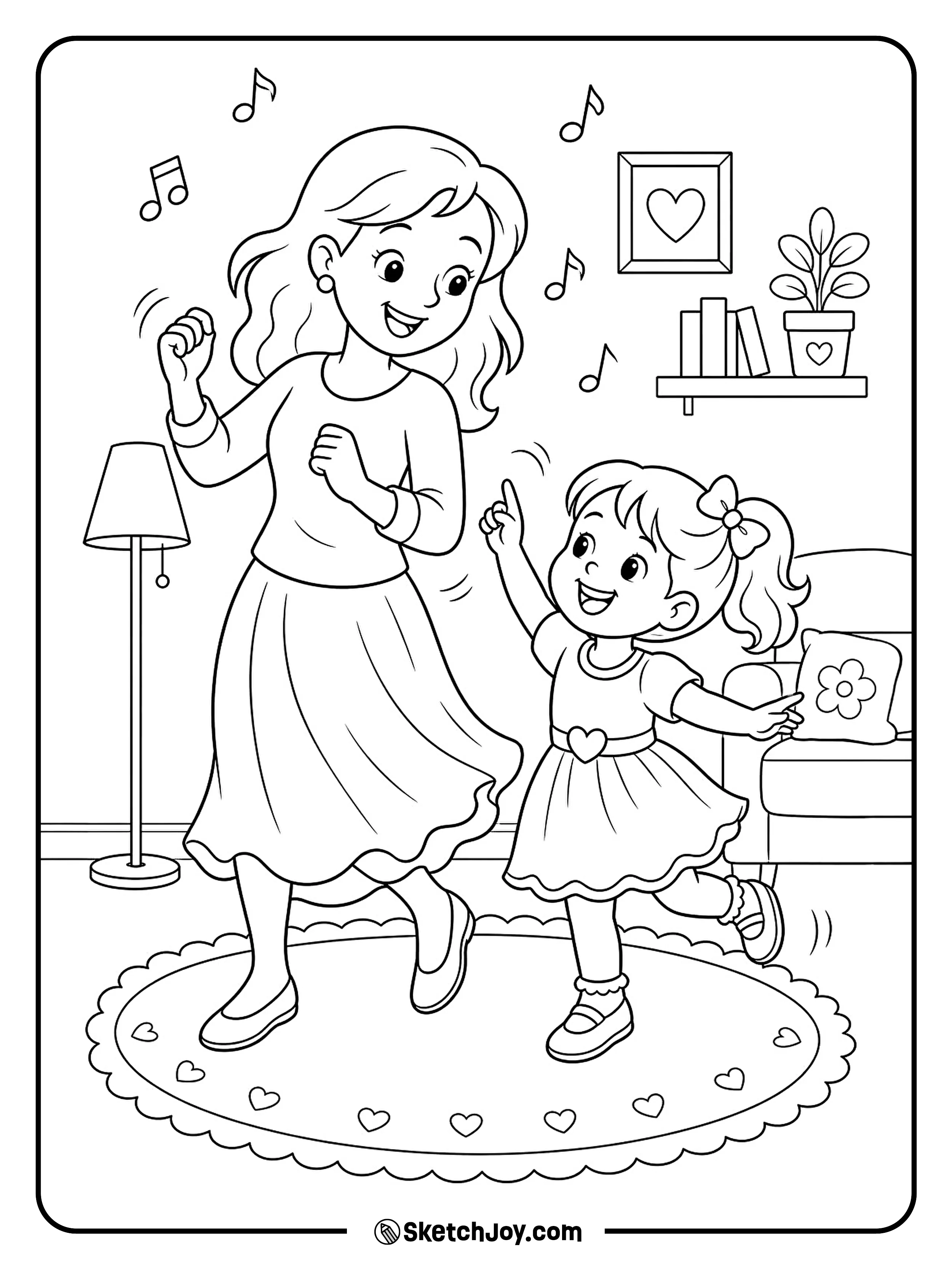 Mom and daughter dance together in the living room.