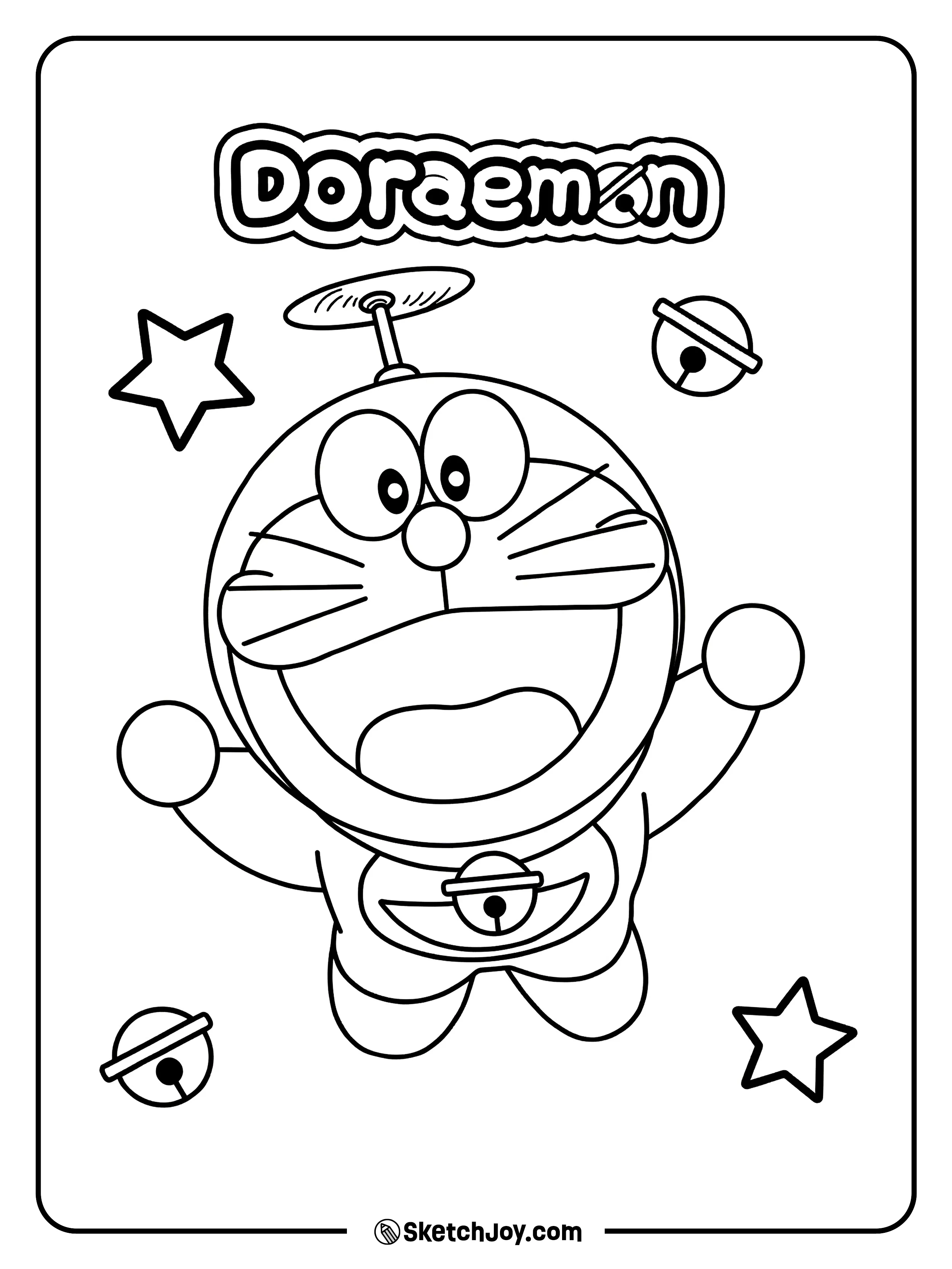 Doraemon lifts into the air with a Take-Copter and a bright happy face.
