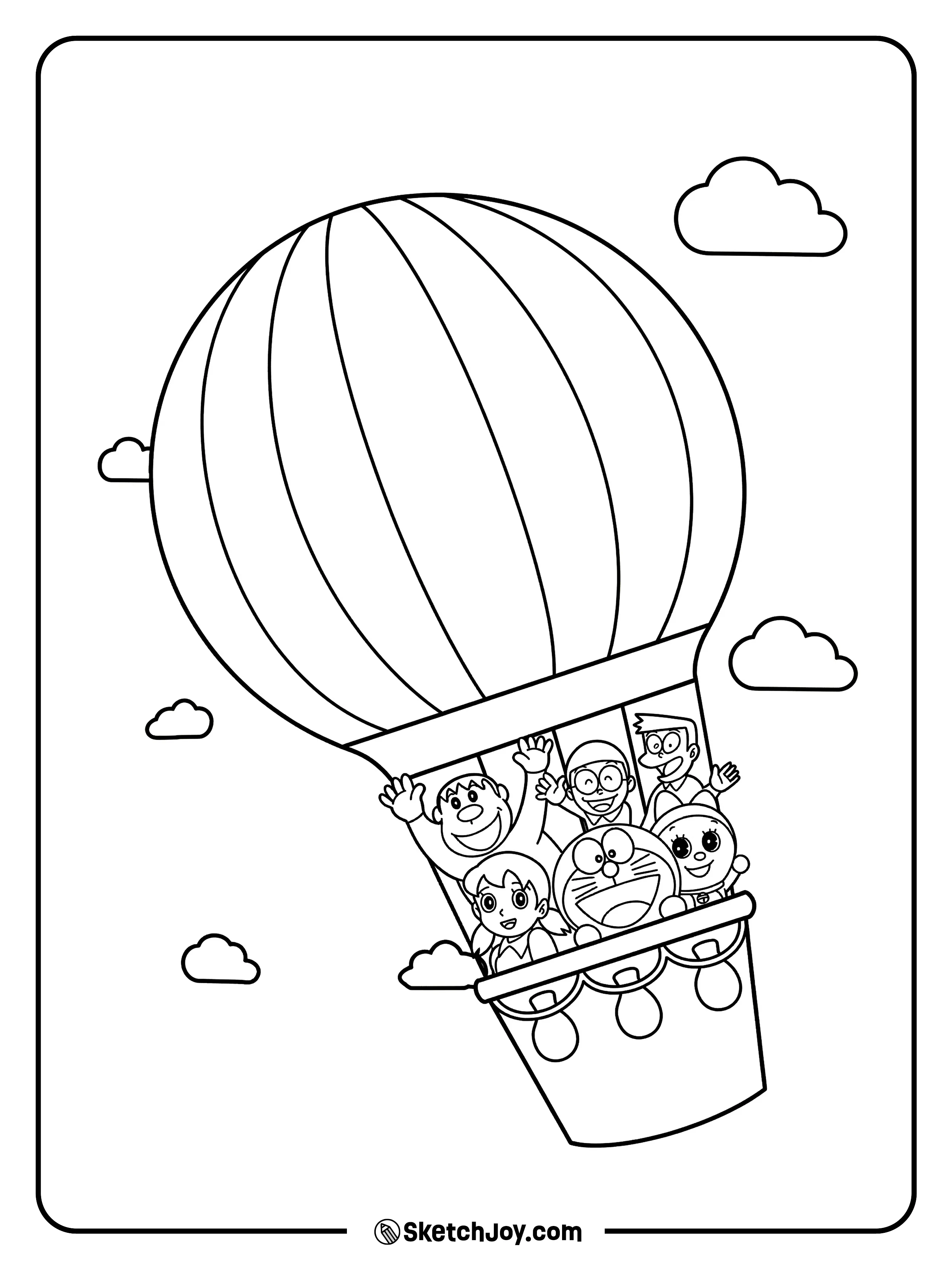Doraemon and friends ride high in a big hot air balloon above the clouds.