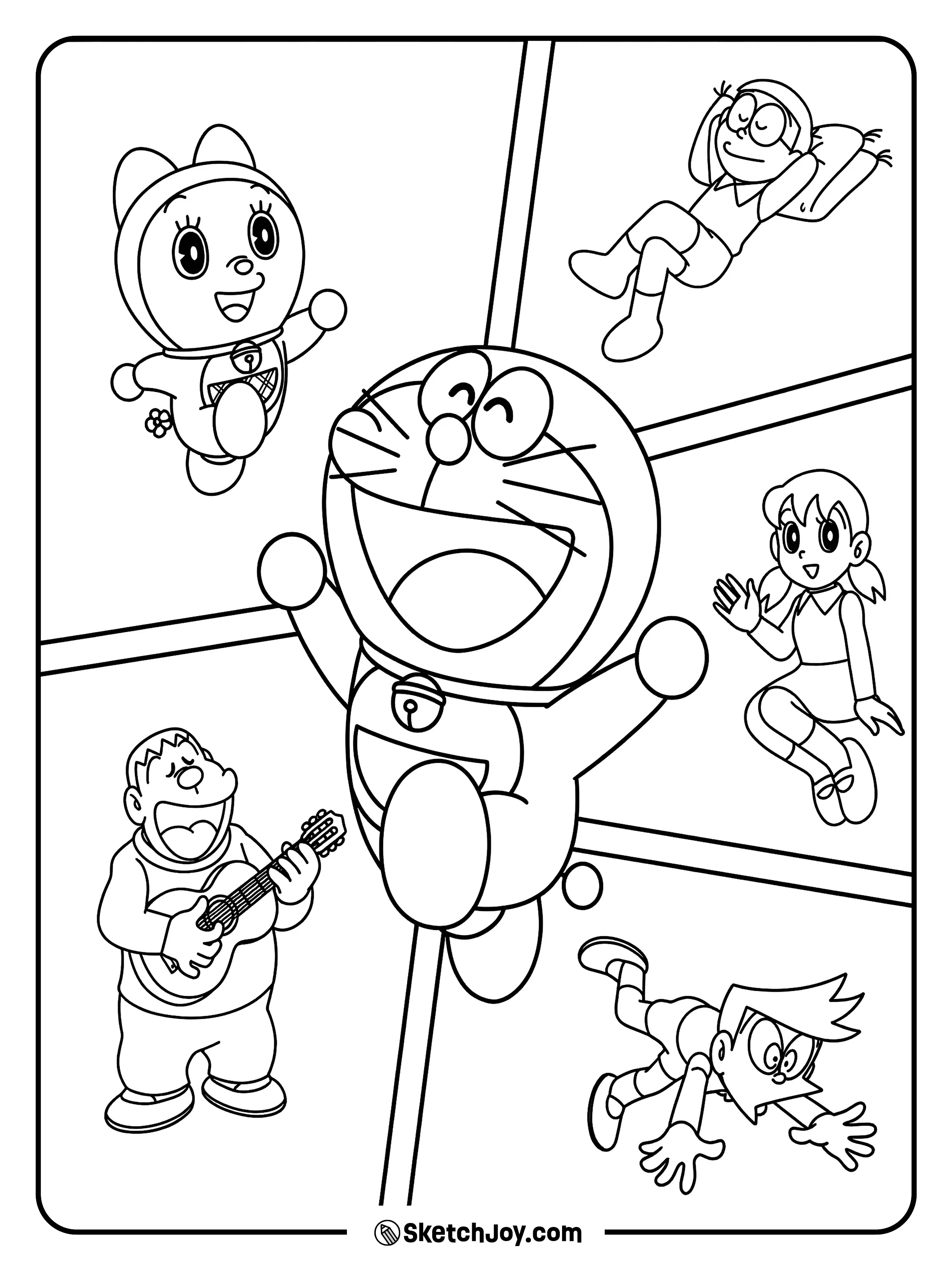 Doraemon is in the center while each friend shows a fun action in their own space.