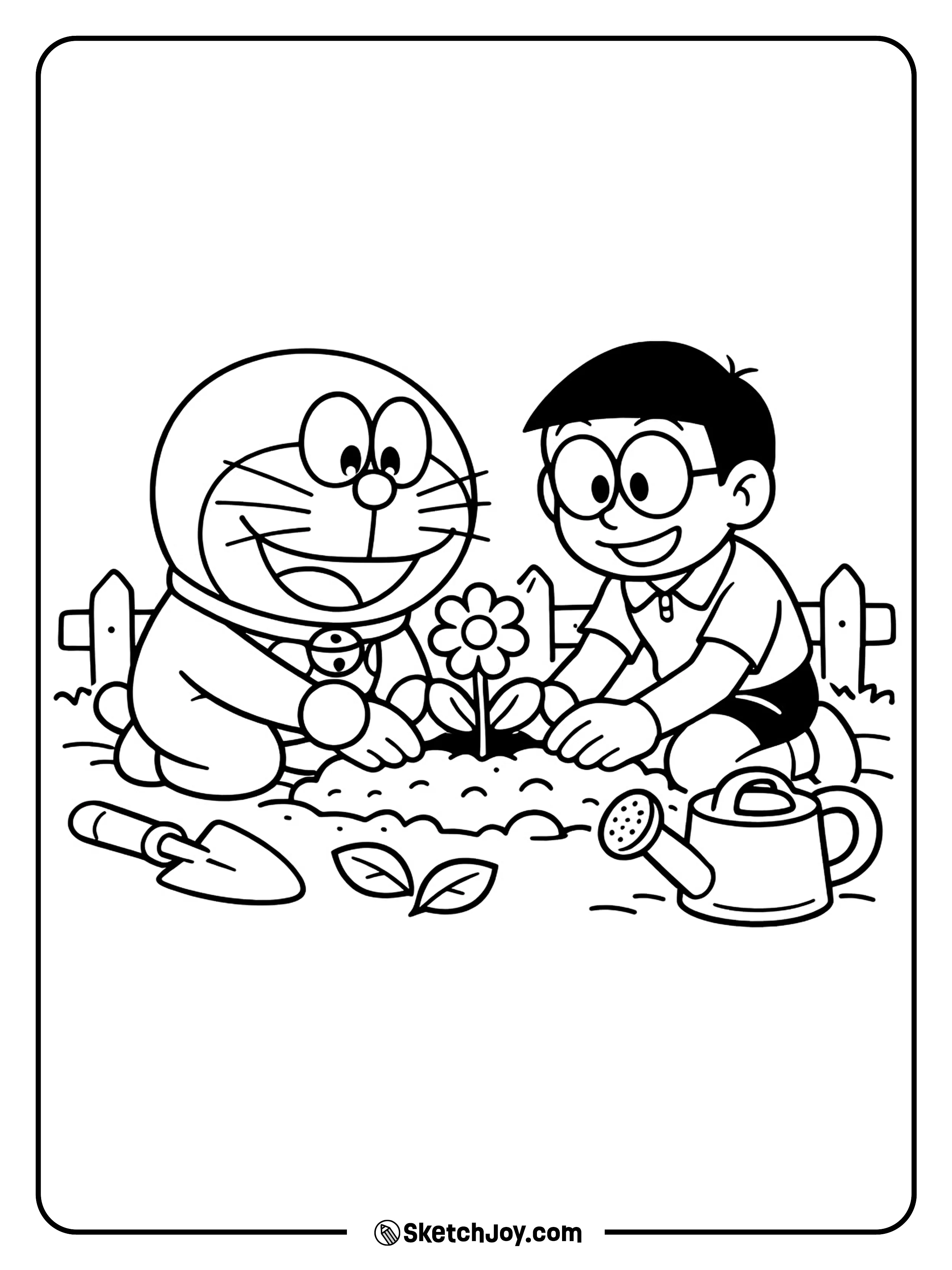 Doraemon and Nobita work together in a small garden.
