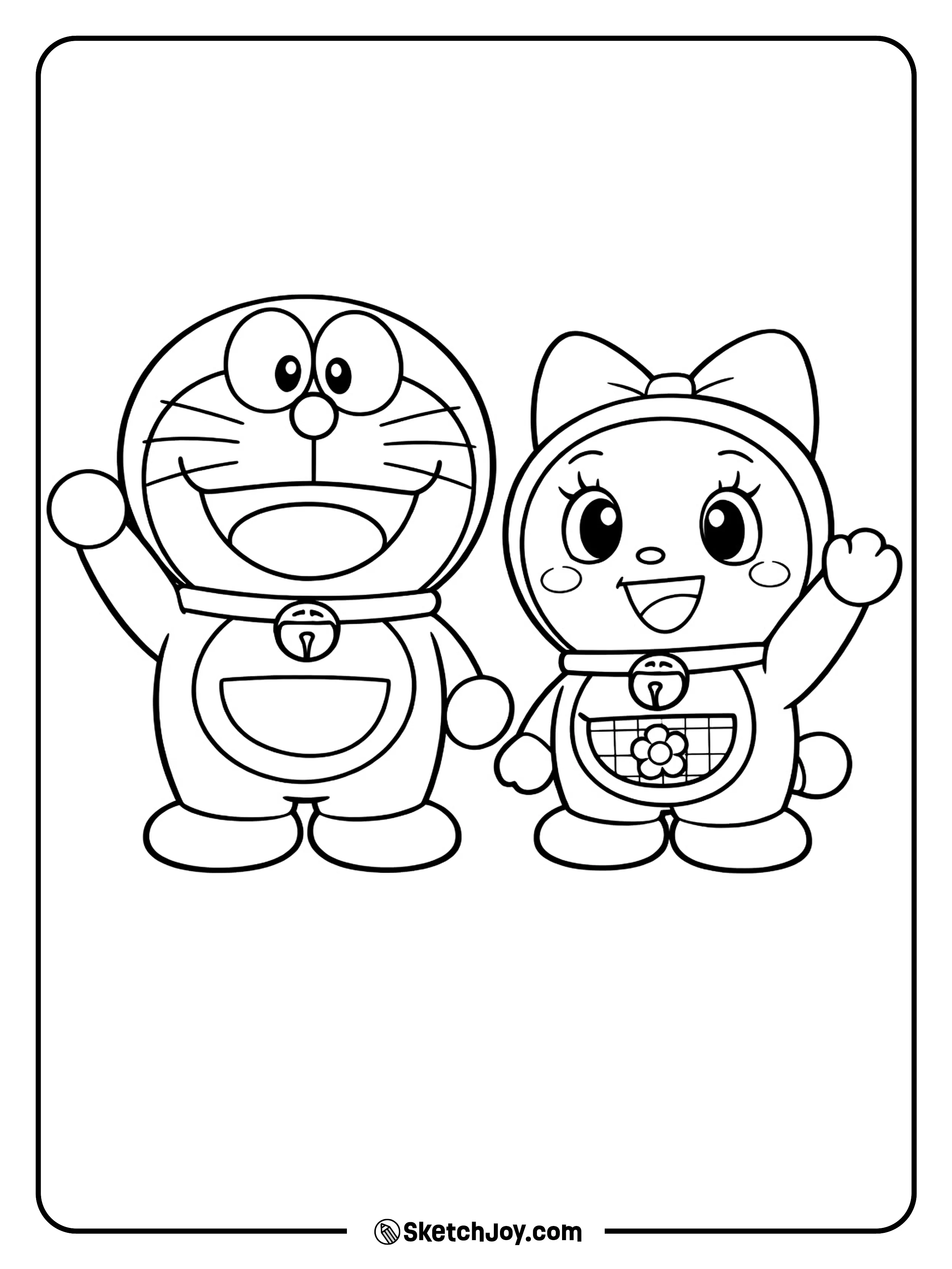 Doraemon and Dorami stand side by side and smile at the viewer.