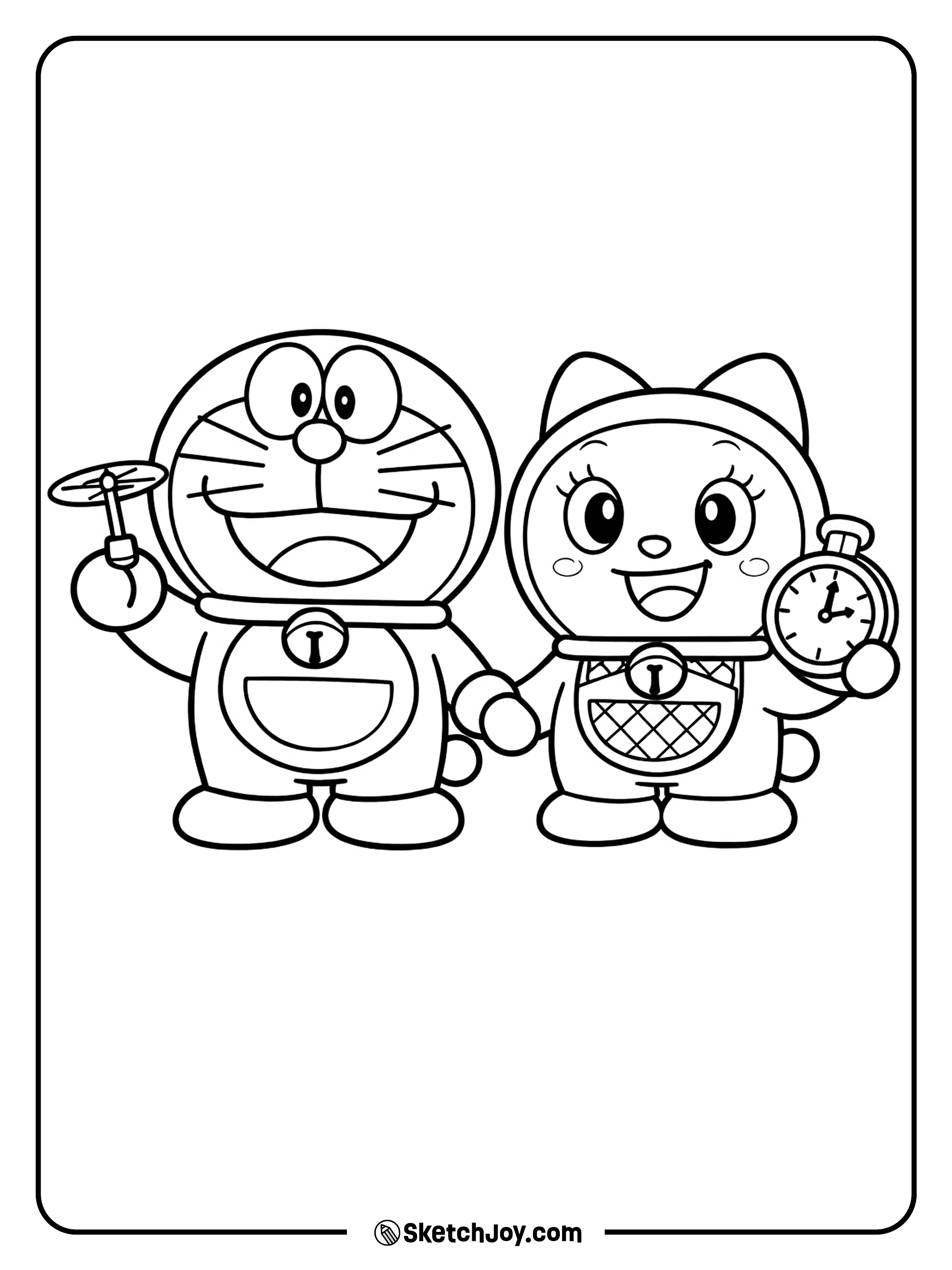 The robot siblings stand together with fun tools from the future.