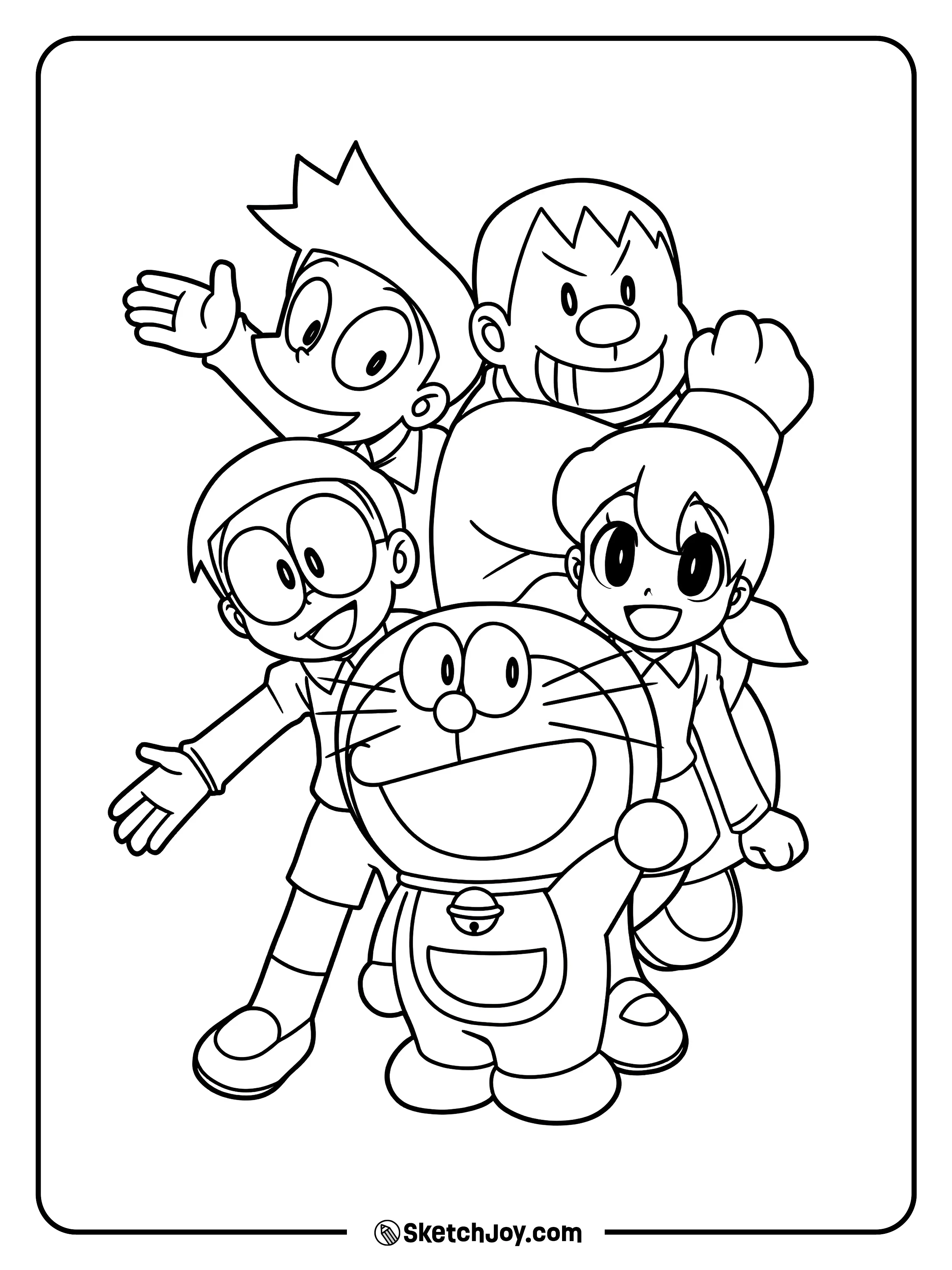 Doraemon and his friends smile and pose close together with lots of energy.