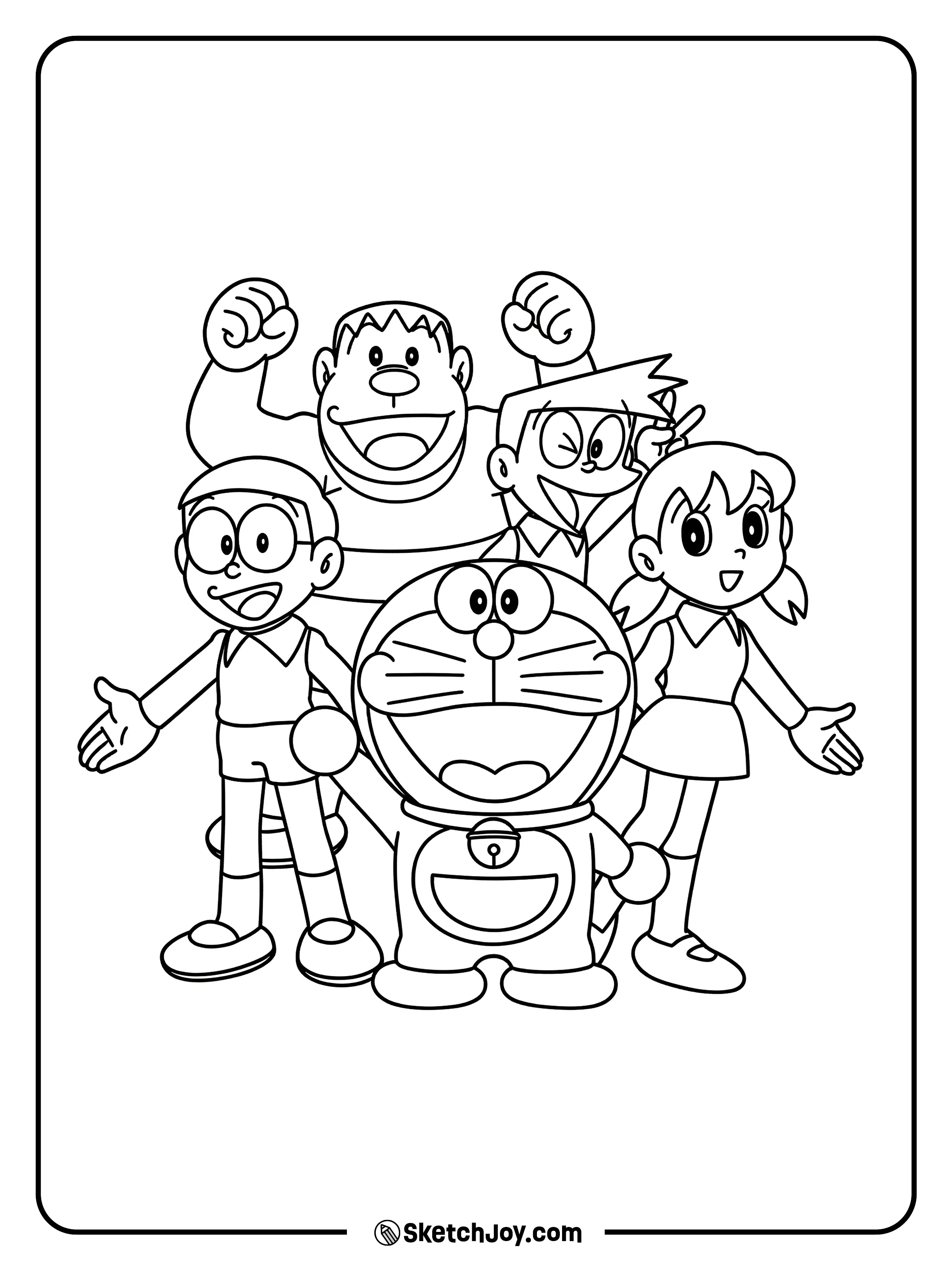 Doraemon stands with Nobita, Shizuka, Gian, and Suneo in a happy group pose.