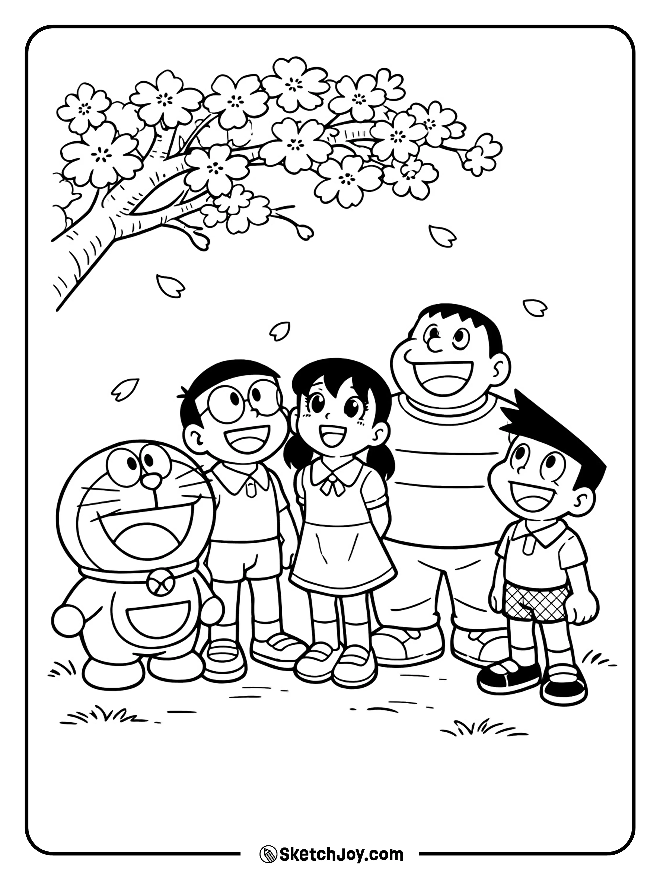 Doraemon stands with his friends in a happy spring scene.