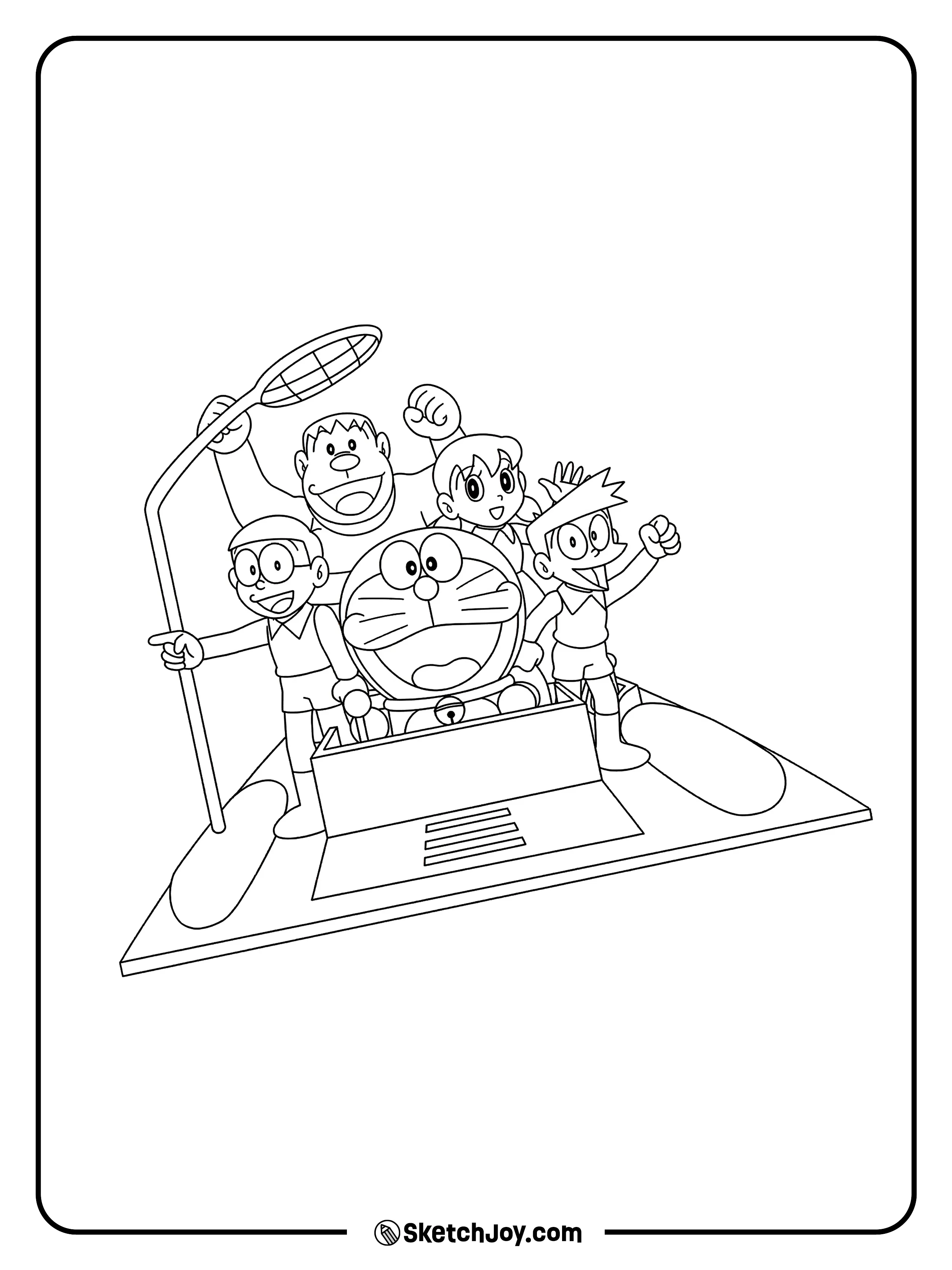 Doraemon and the group stand together on a flying carpet ready for a fun trip.