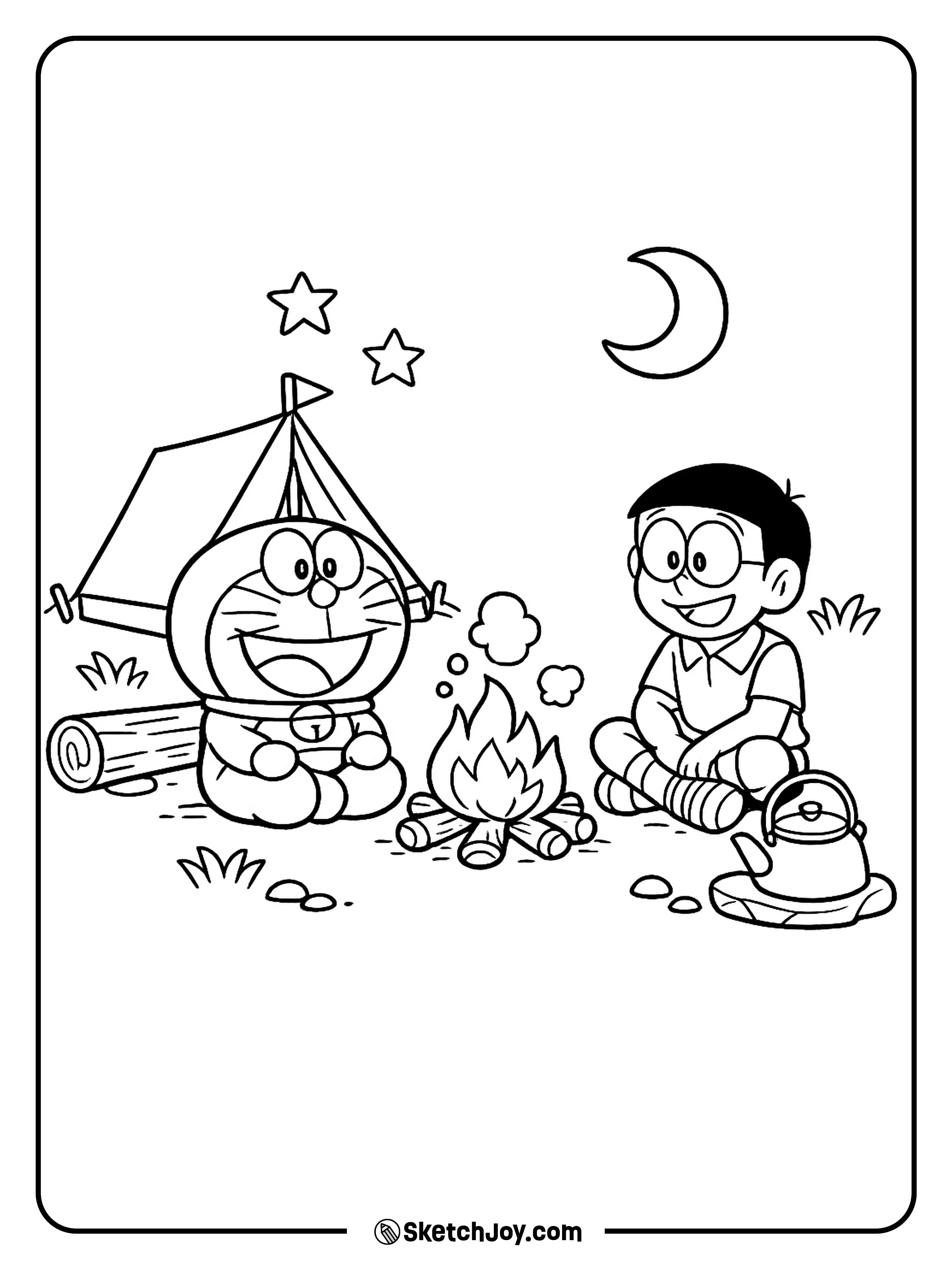 Doraemon and Nobita sit by a small campfire under the stars.