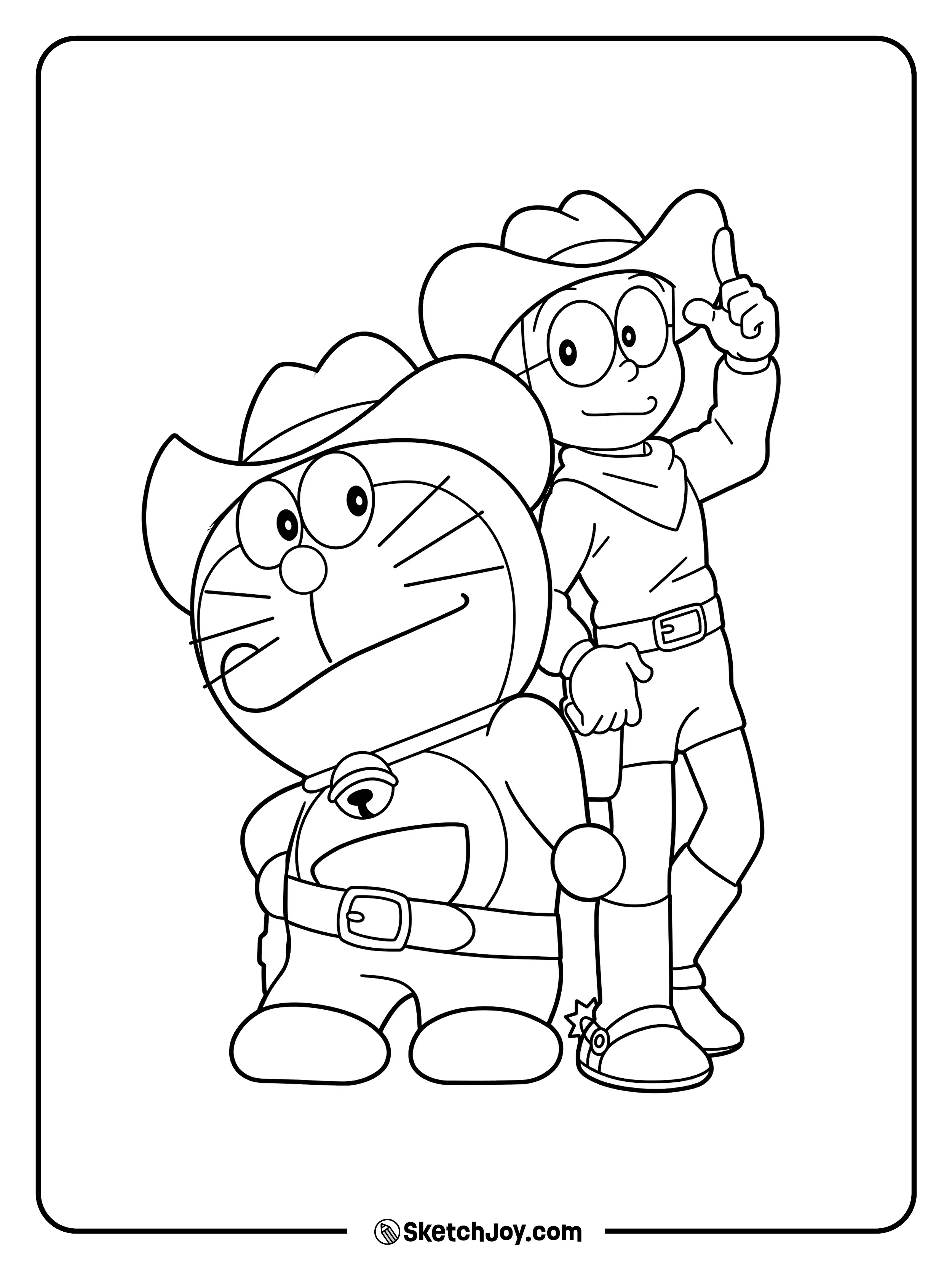 Doraemon and Nobita wear cowboy hats and stand like a fun western team.