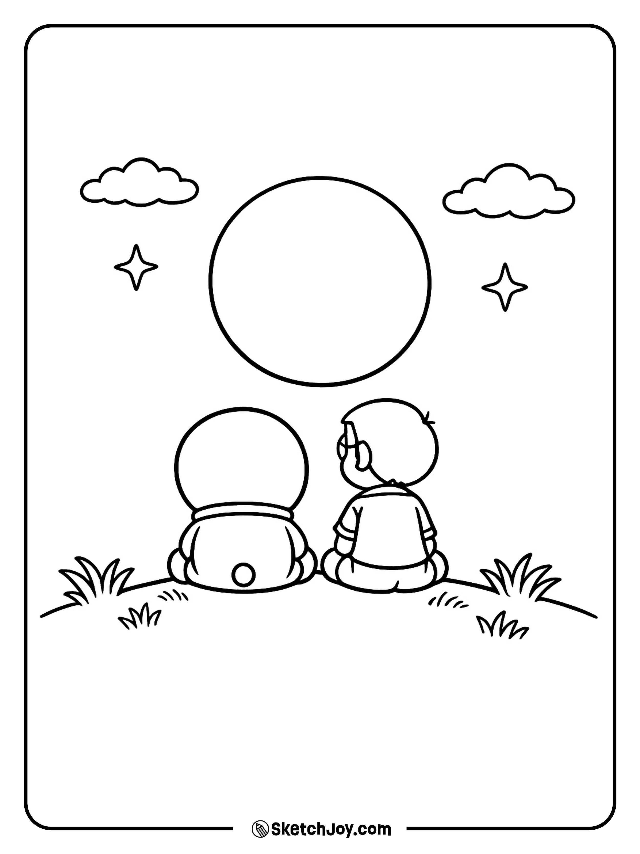 Doraemon and Nobita sit quietly and watch the moon rise.