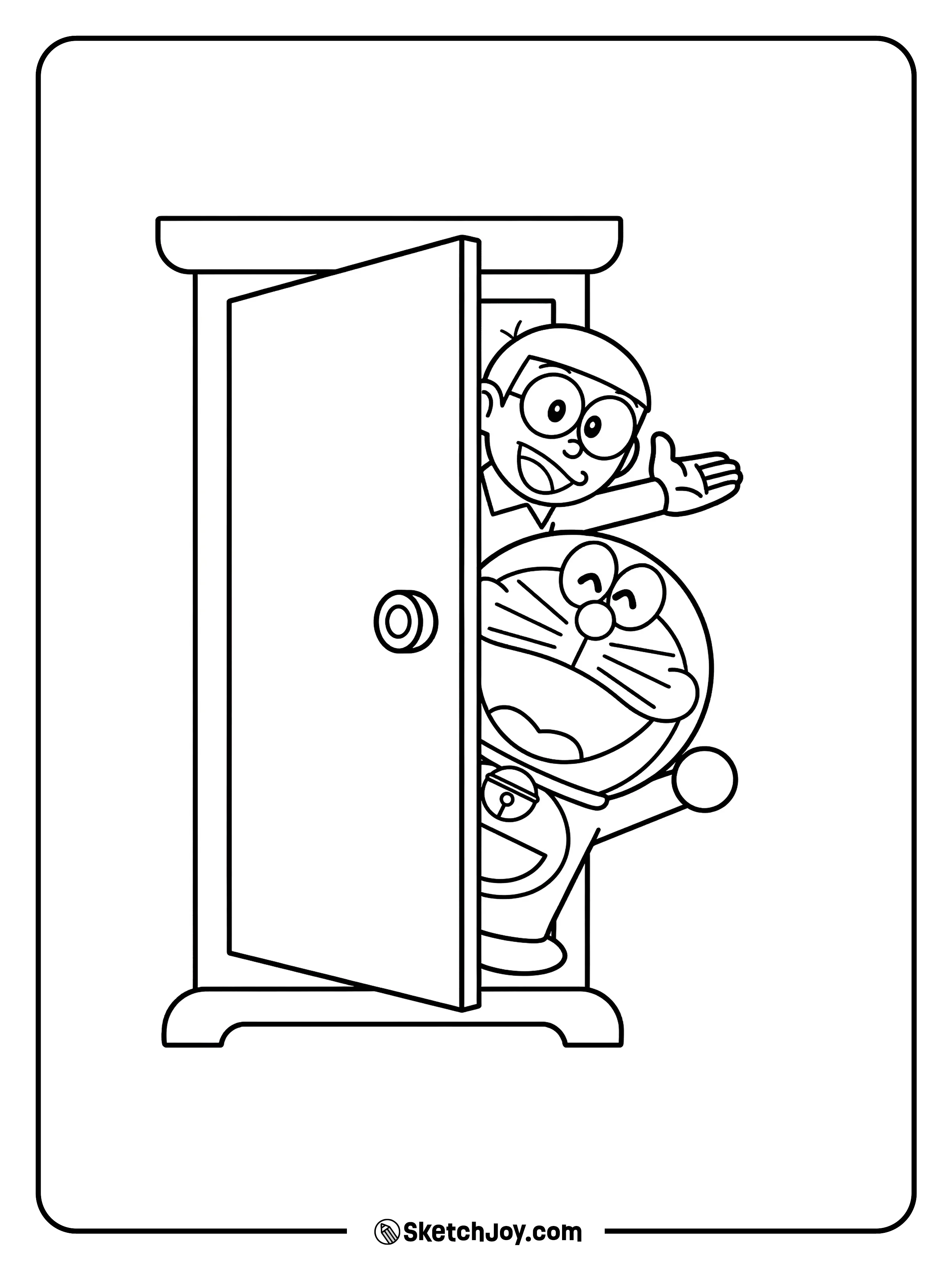 Doraemon and Nobita peek out from the Anywhere Door with big cheerful smiles.