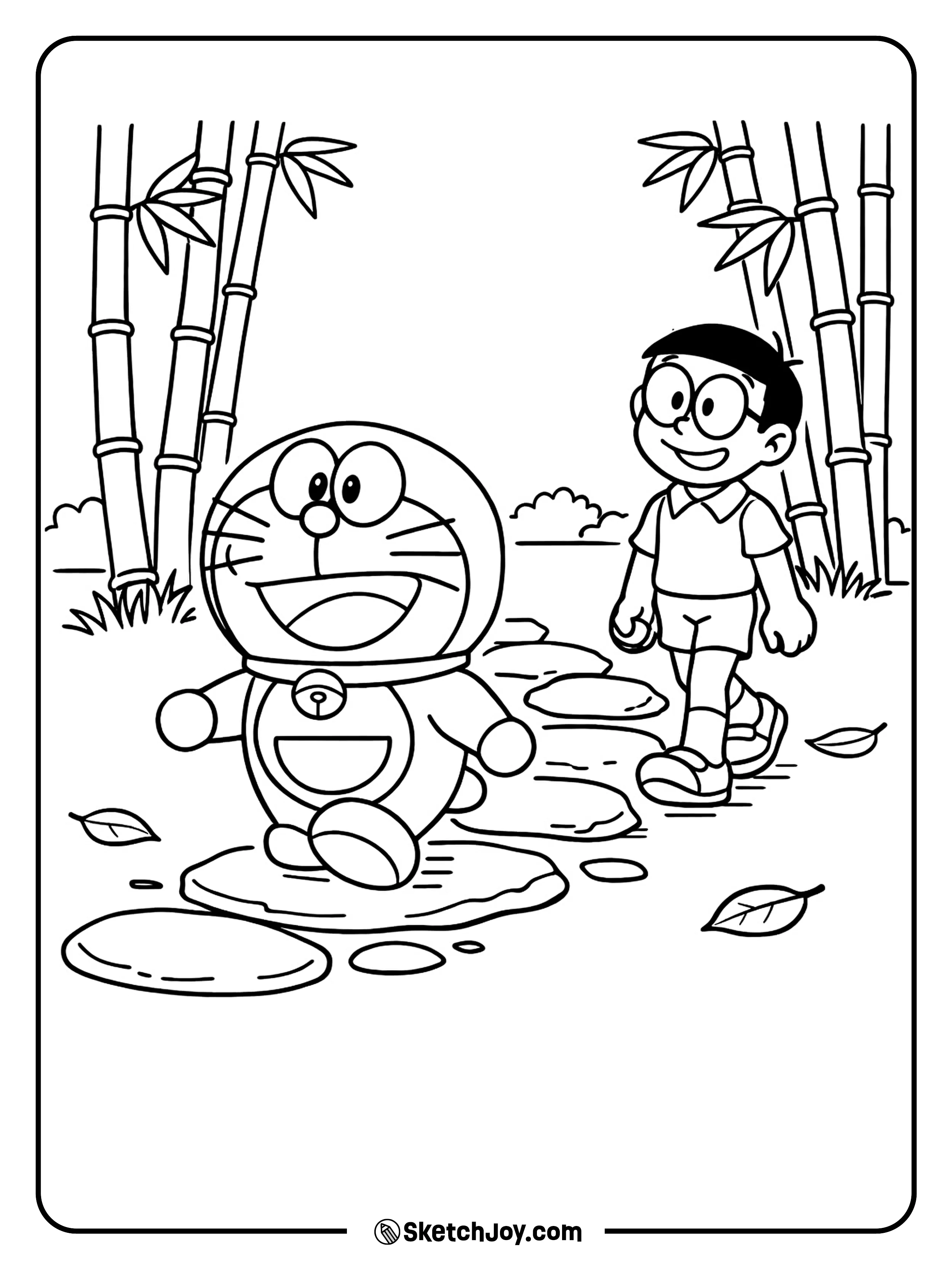 Doraemon and Nobita walk through a calm path with tall bamboo around them.