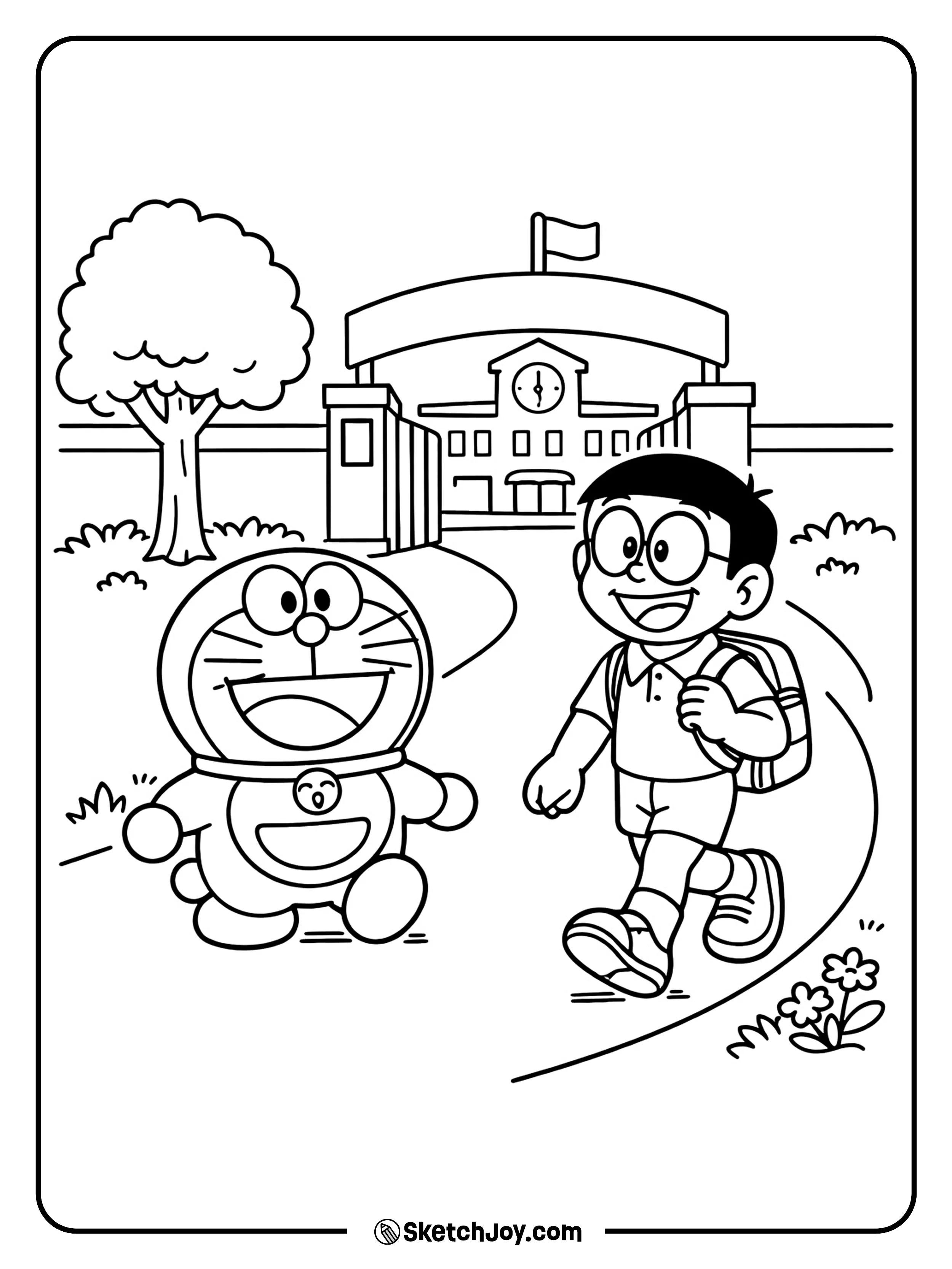 Doraemon walks with Nobita as they head out for the day.