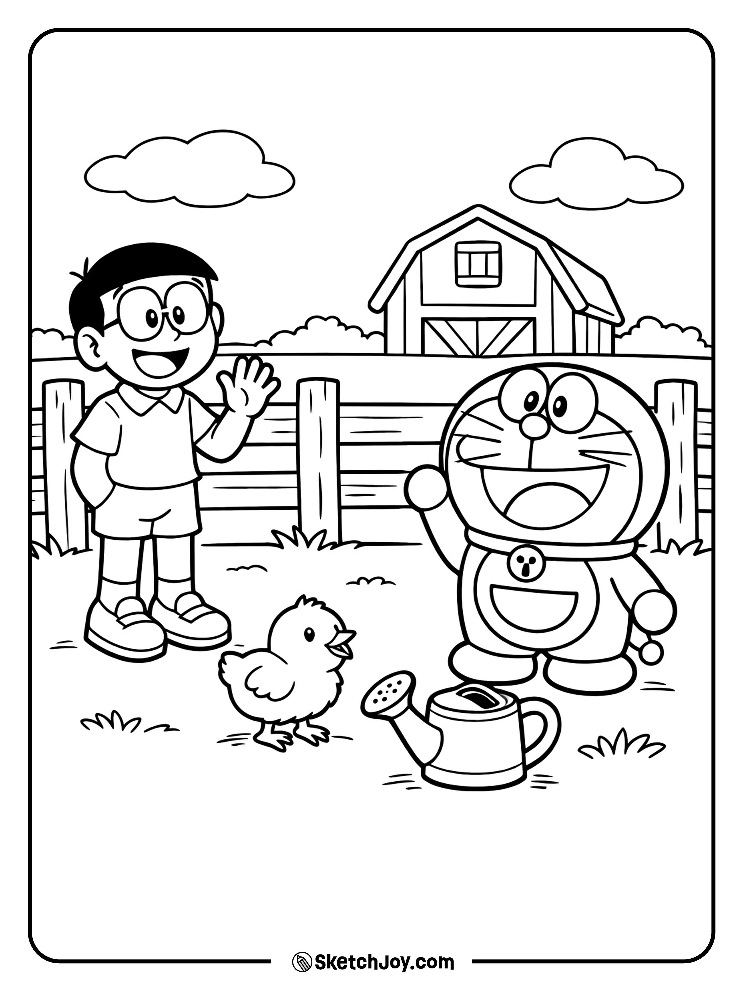 Doraemon and Nobita smile beside a fence and a friendly chick.