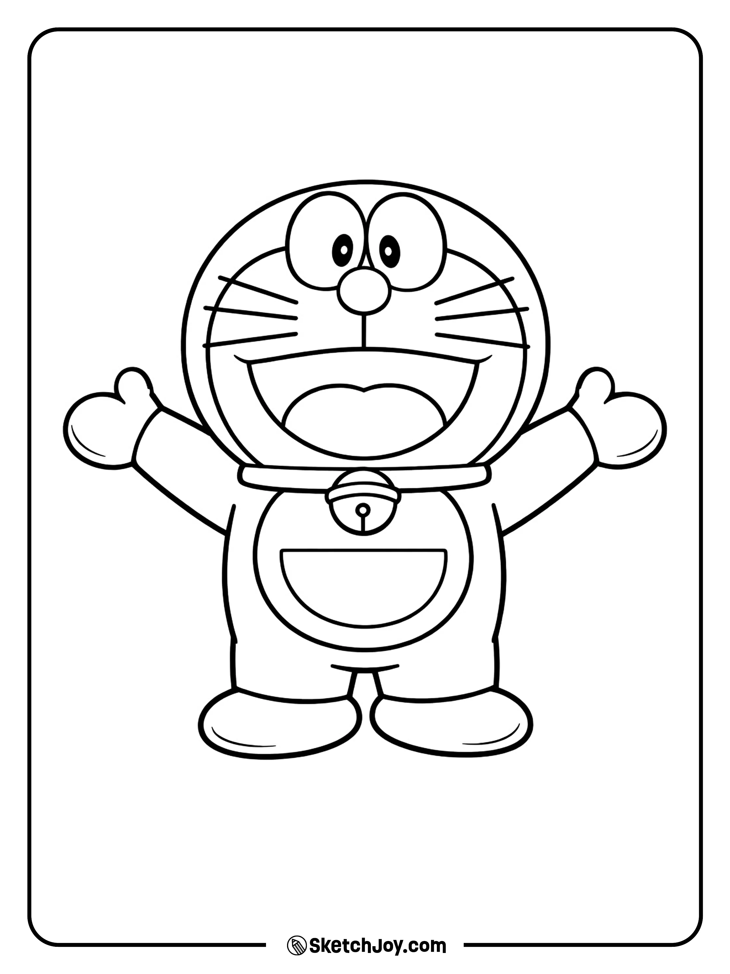 Doraemon stands tall with a bright smile and open arms.