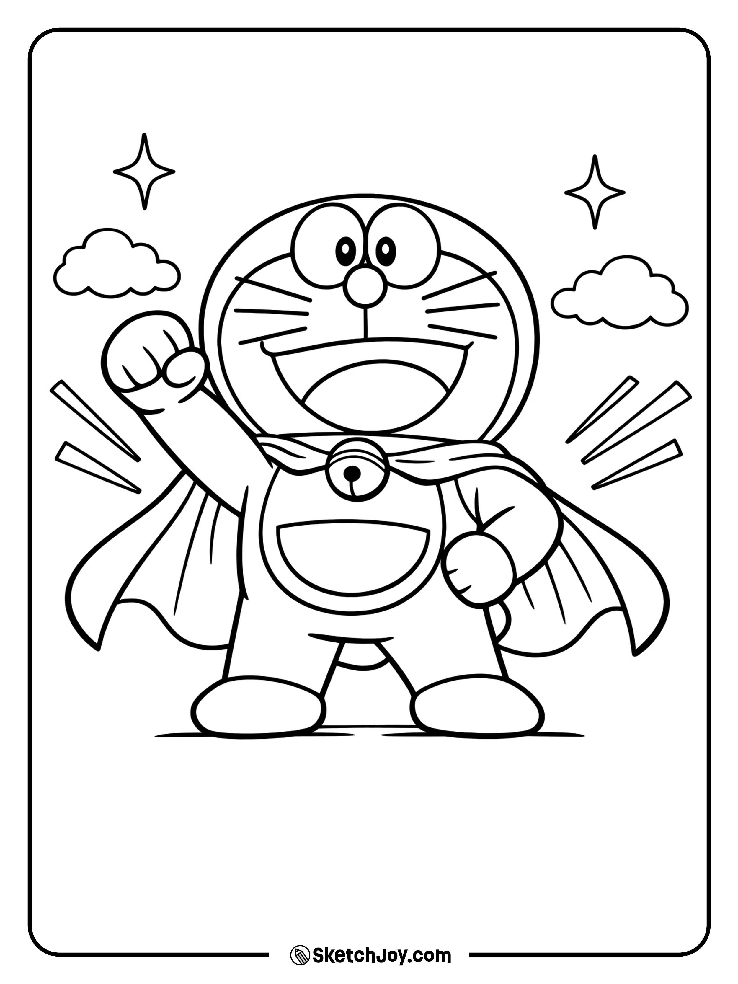 Doraemon stands proudly like a tiny hero ready to help.