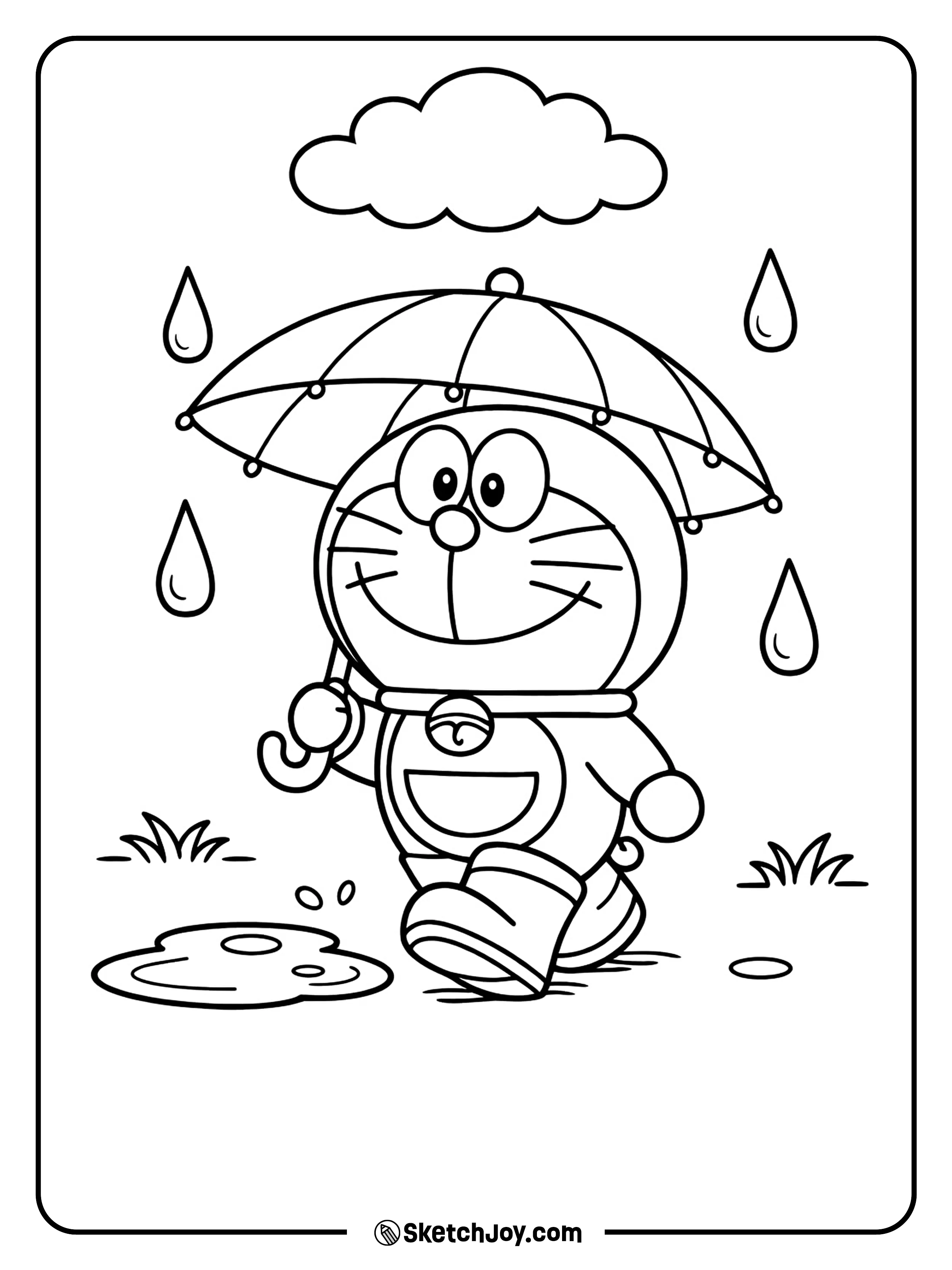 Doraemon walks with an umbrella while raindrops fall around him.