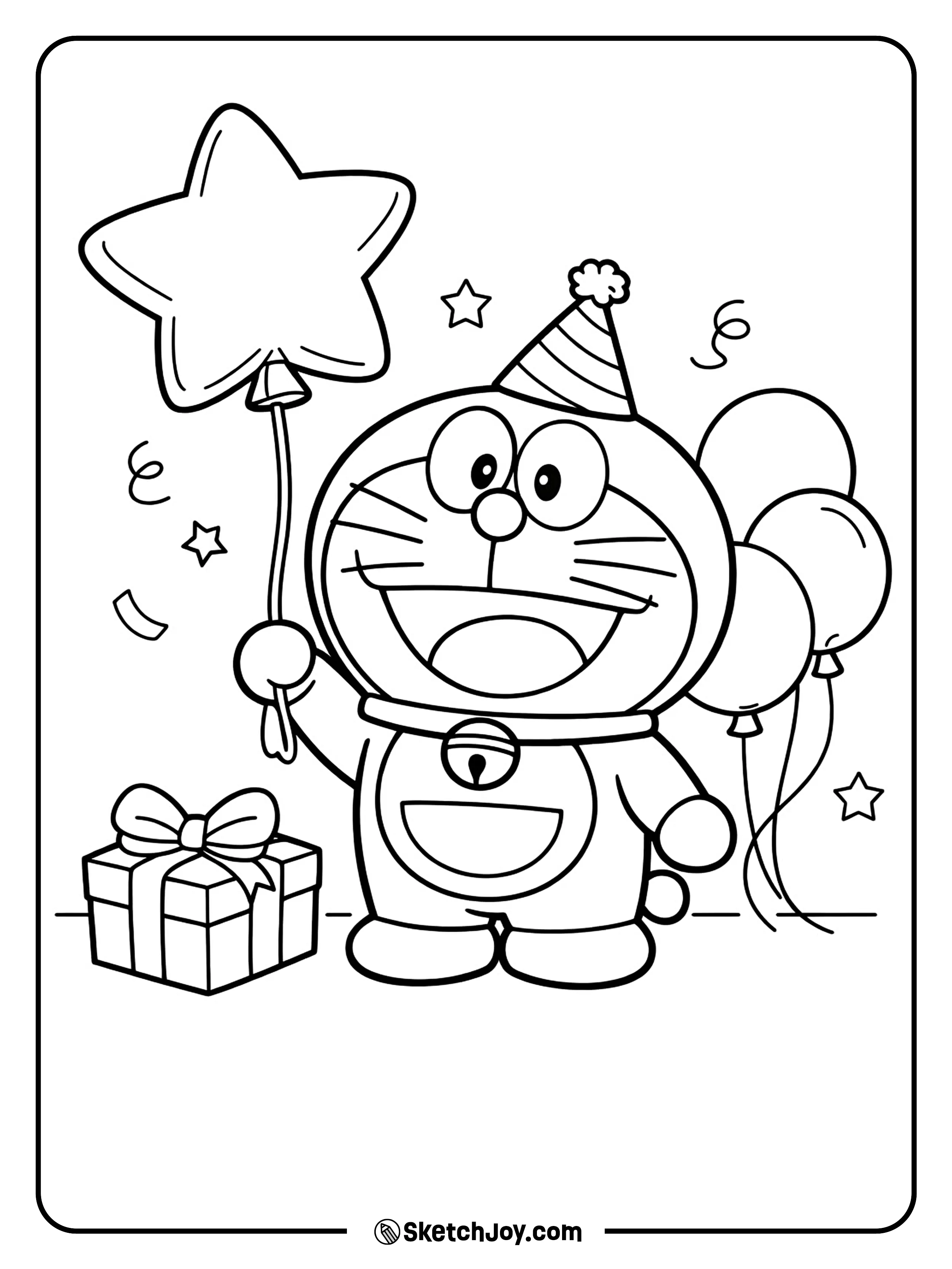 Doraemon holds a balloon and looks ready for a party.