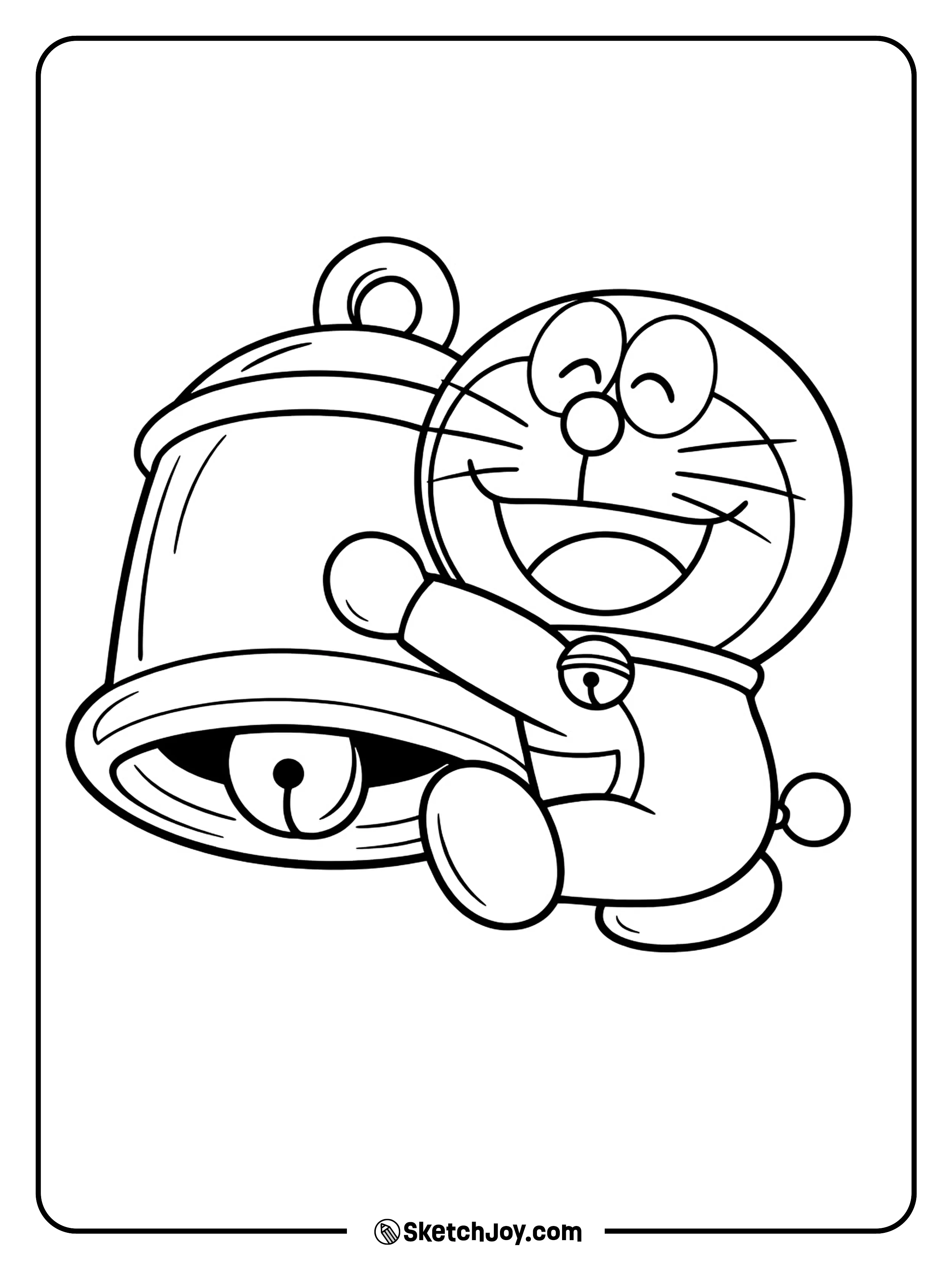 Doraemon proudly shows off a bell that matches his classic look.