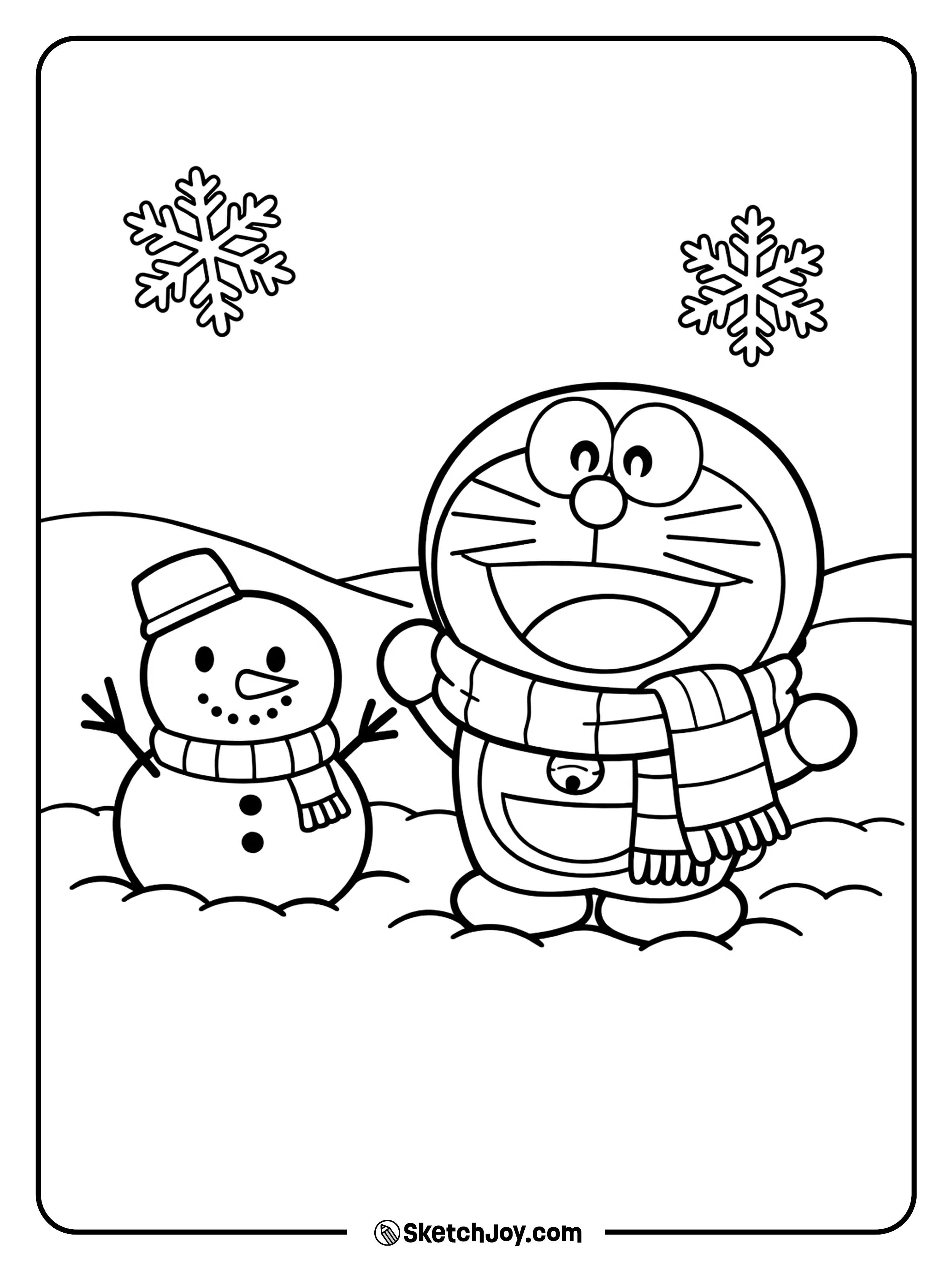Doraemon stays cozy on a simple snowy day.
