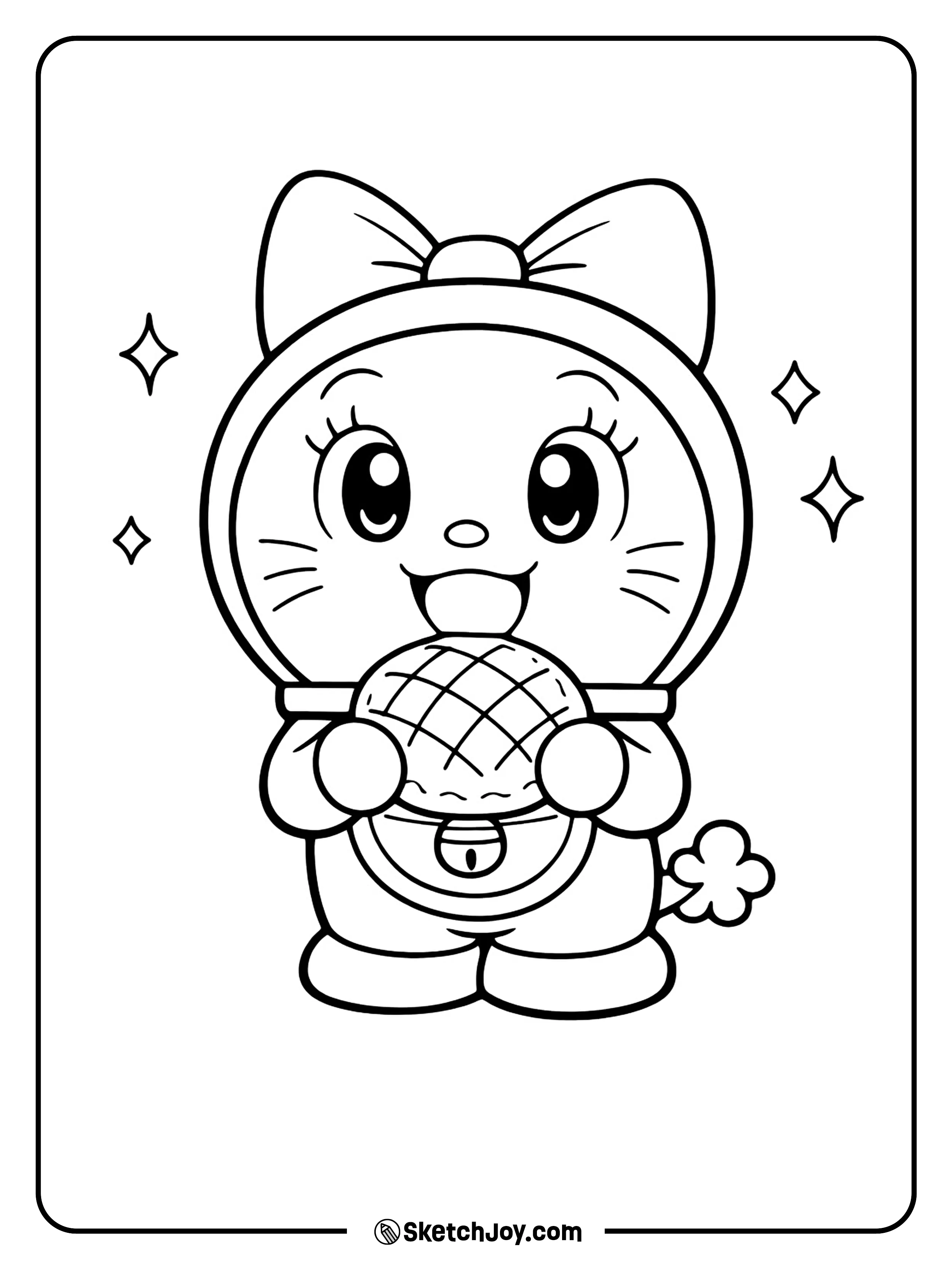 Dorami smiles sweetly while holding her favorite snack.