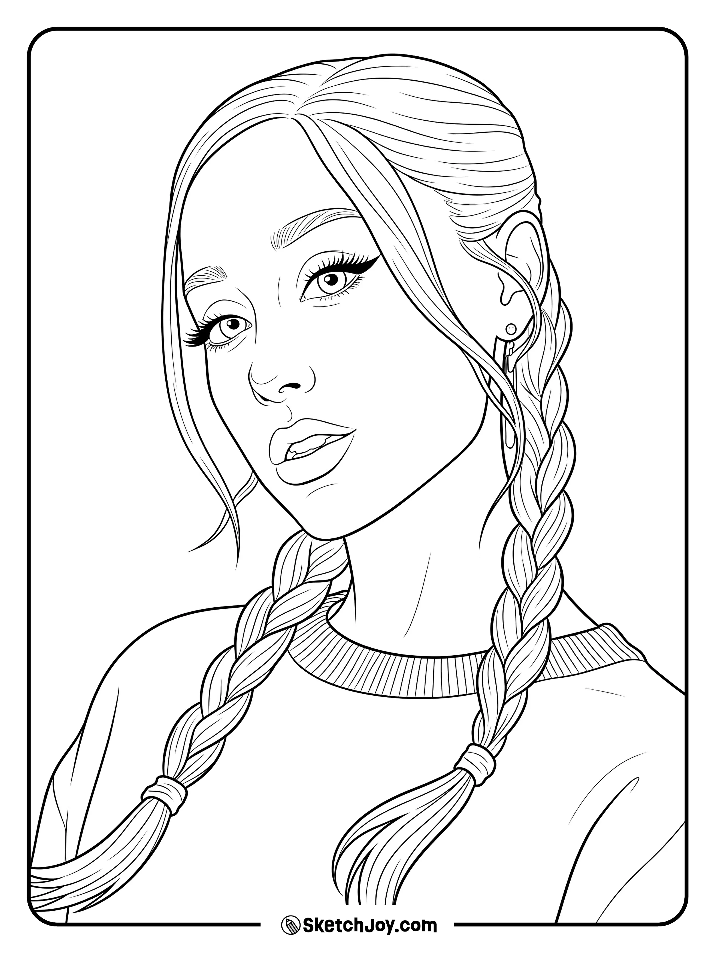 A cute close-up portrait with braids, soft makeup, and a calm look.