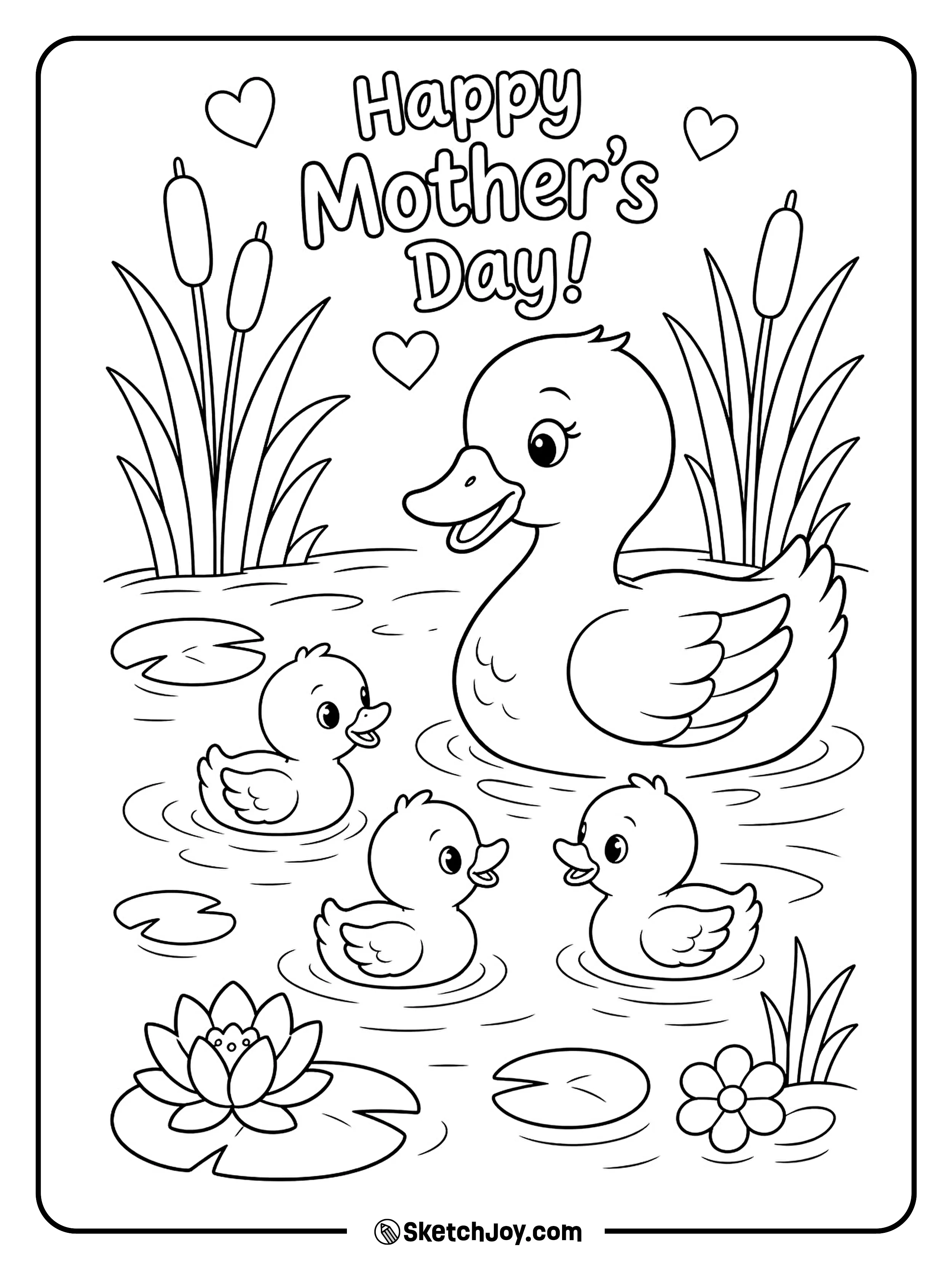 A duck mom leads her ducklings across a quiet pond.