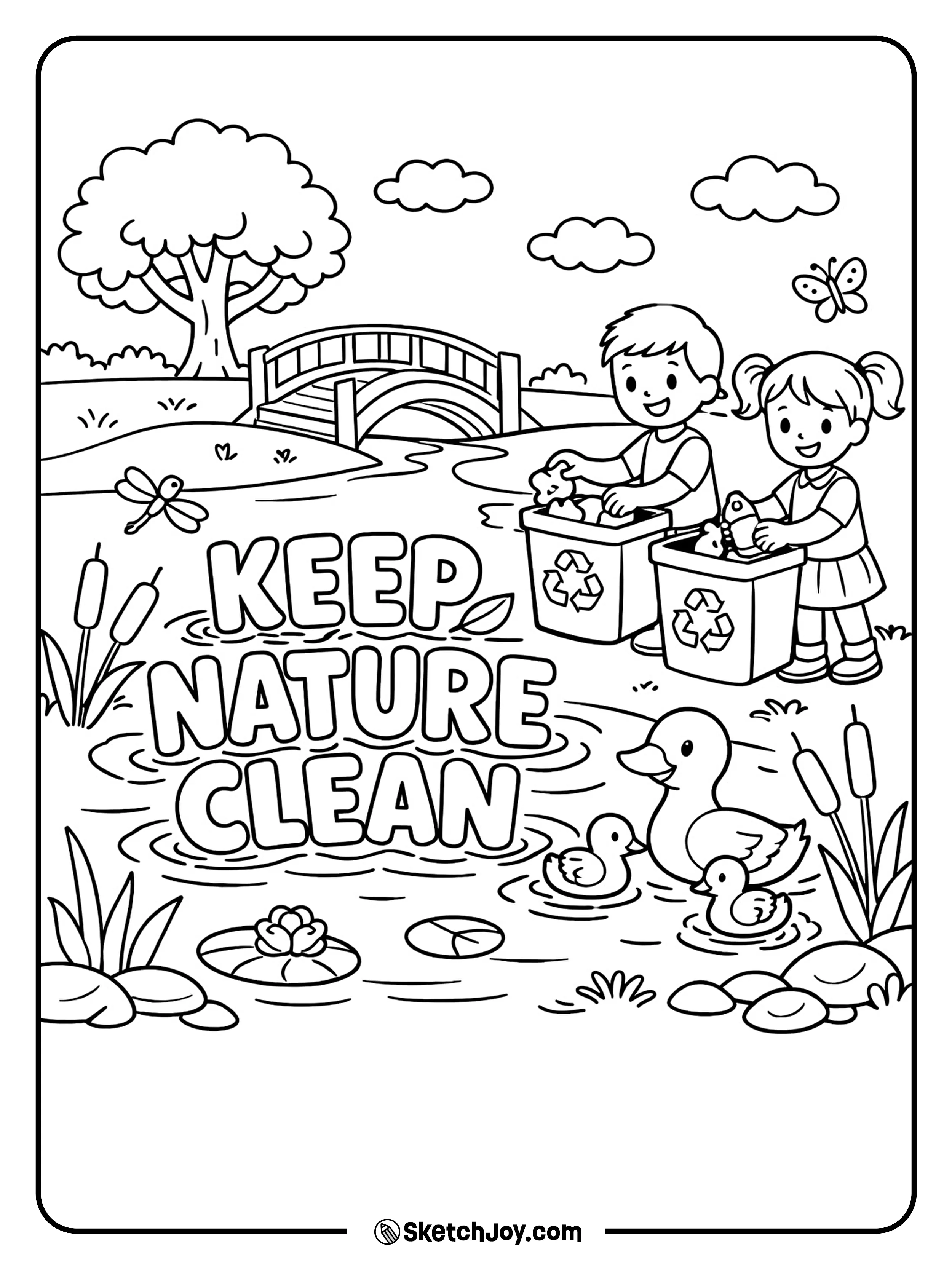 Ducks swim in a clean pond while kids care for the park.