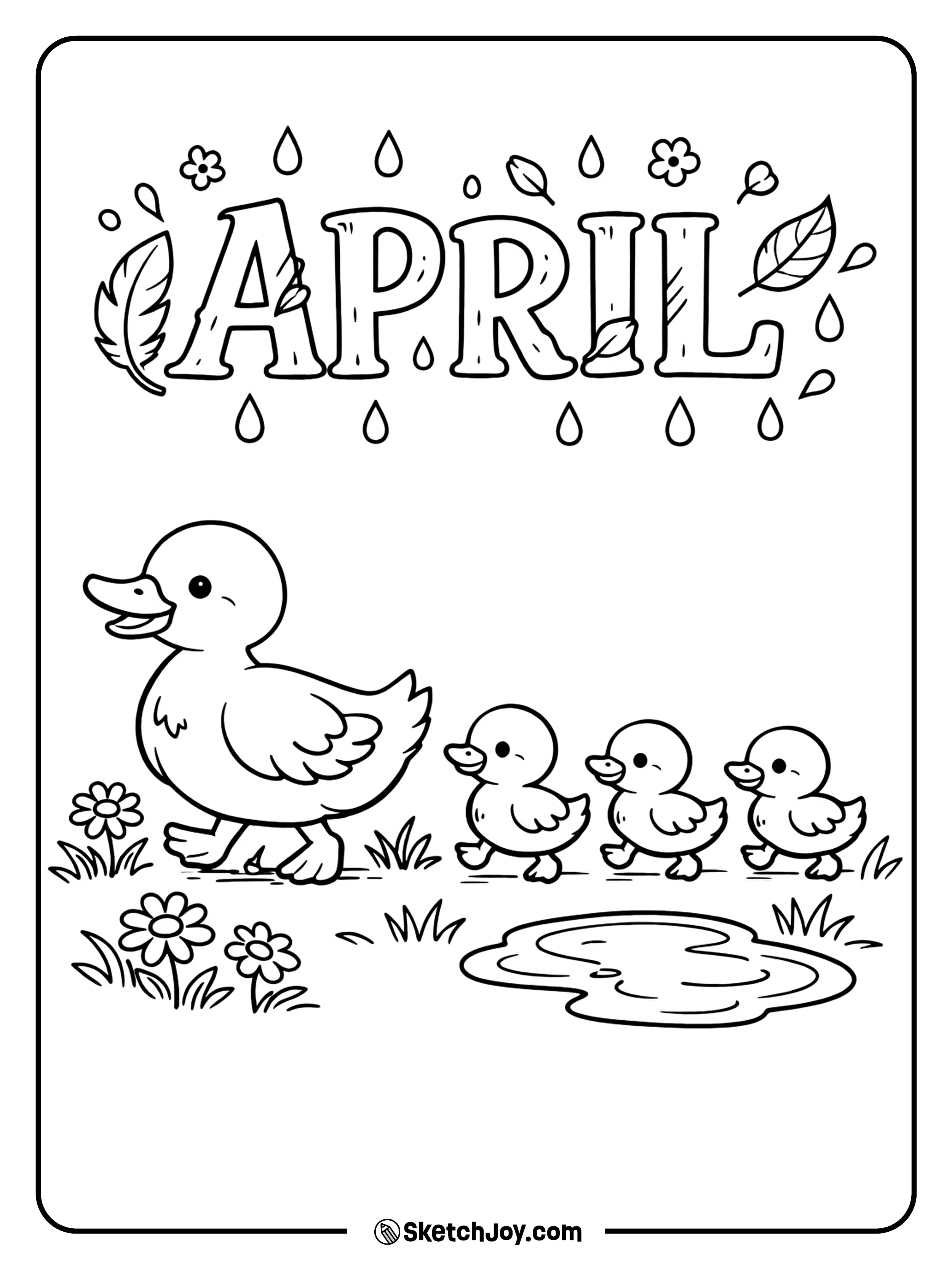 A mother duck leads her ducklings through spring grass.