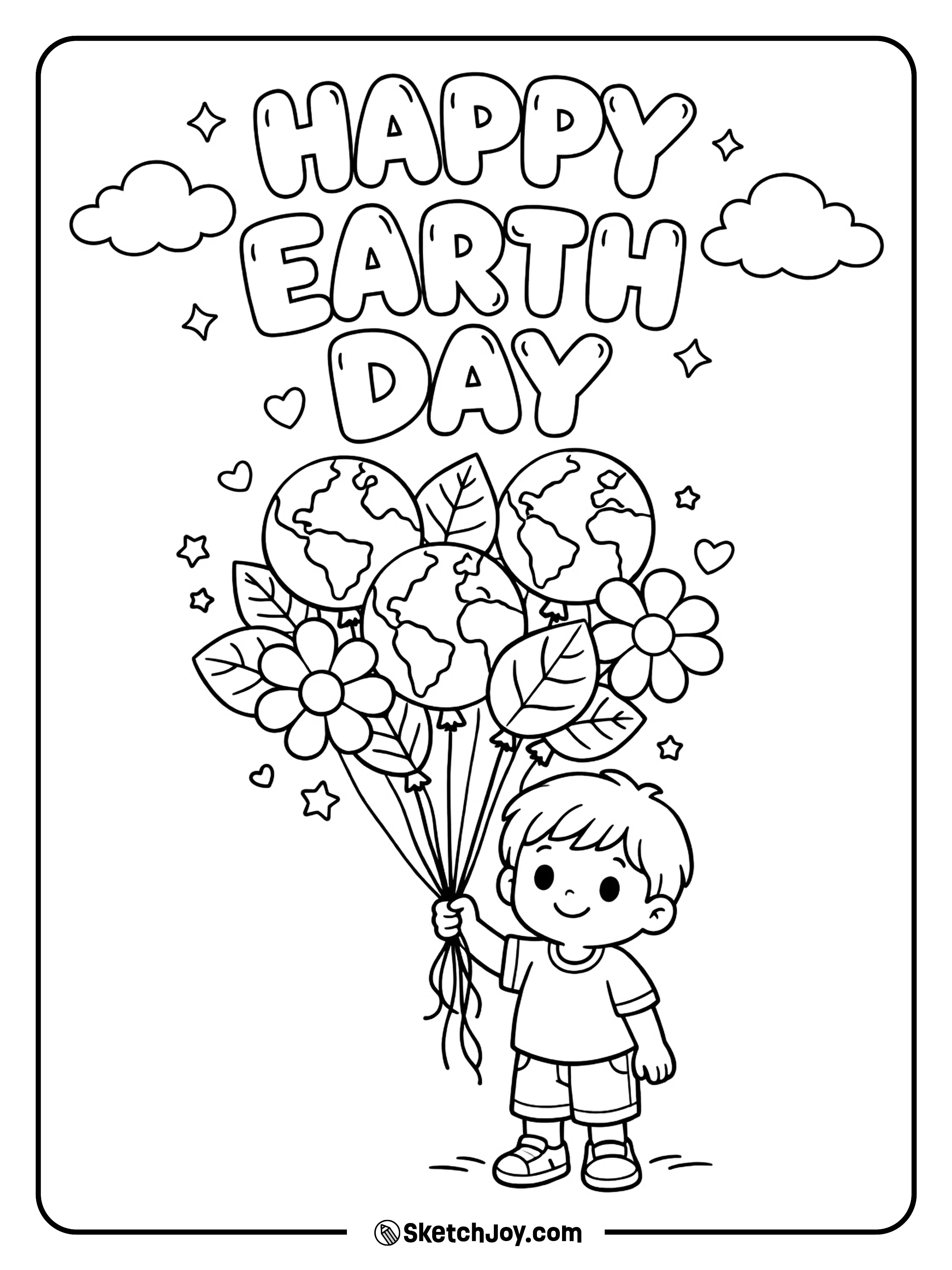 A smiling child holds balloons shaped like the Earth and leaves.
