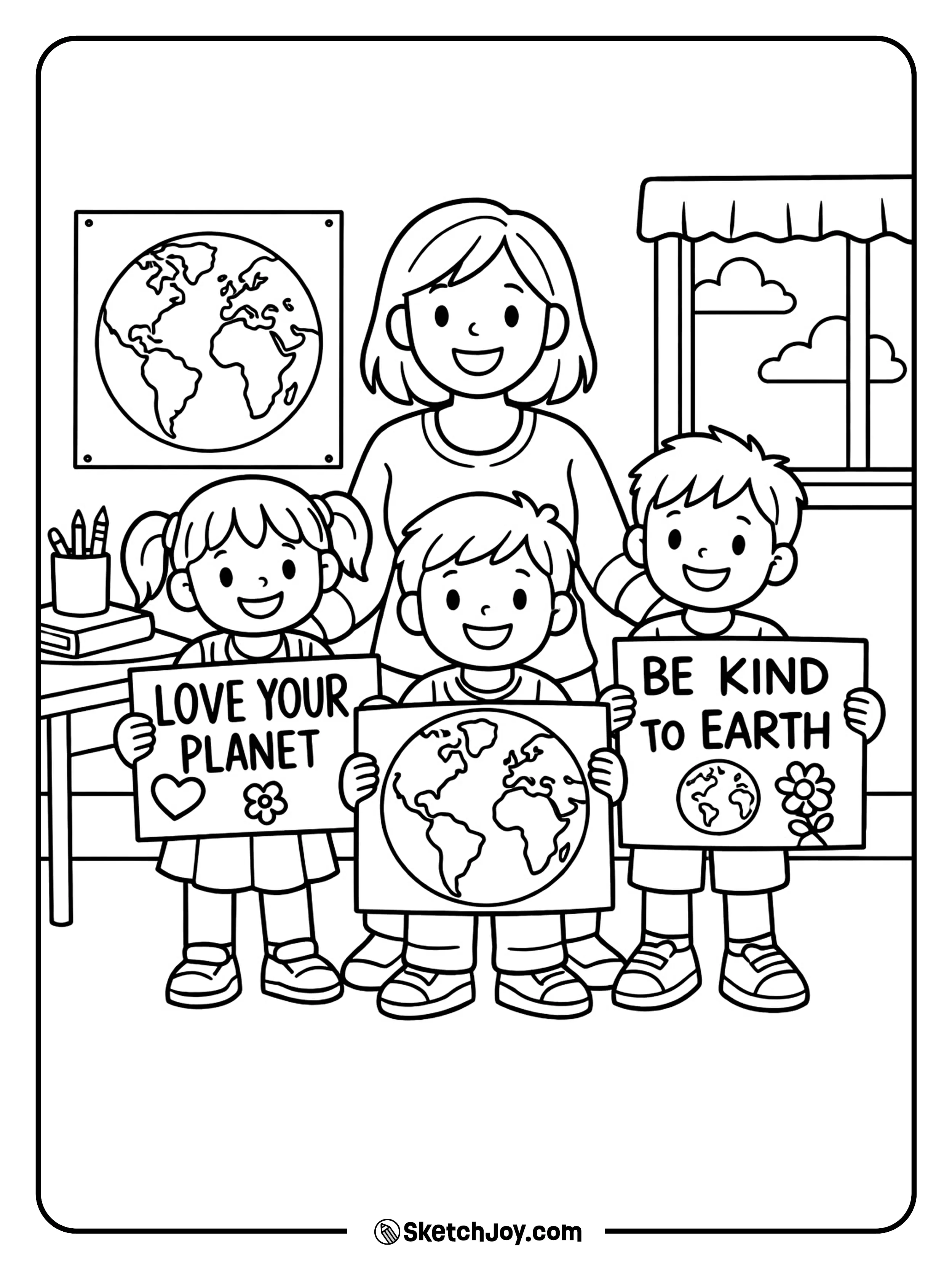 Students hold signs and share kind words for the planet.