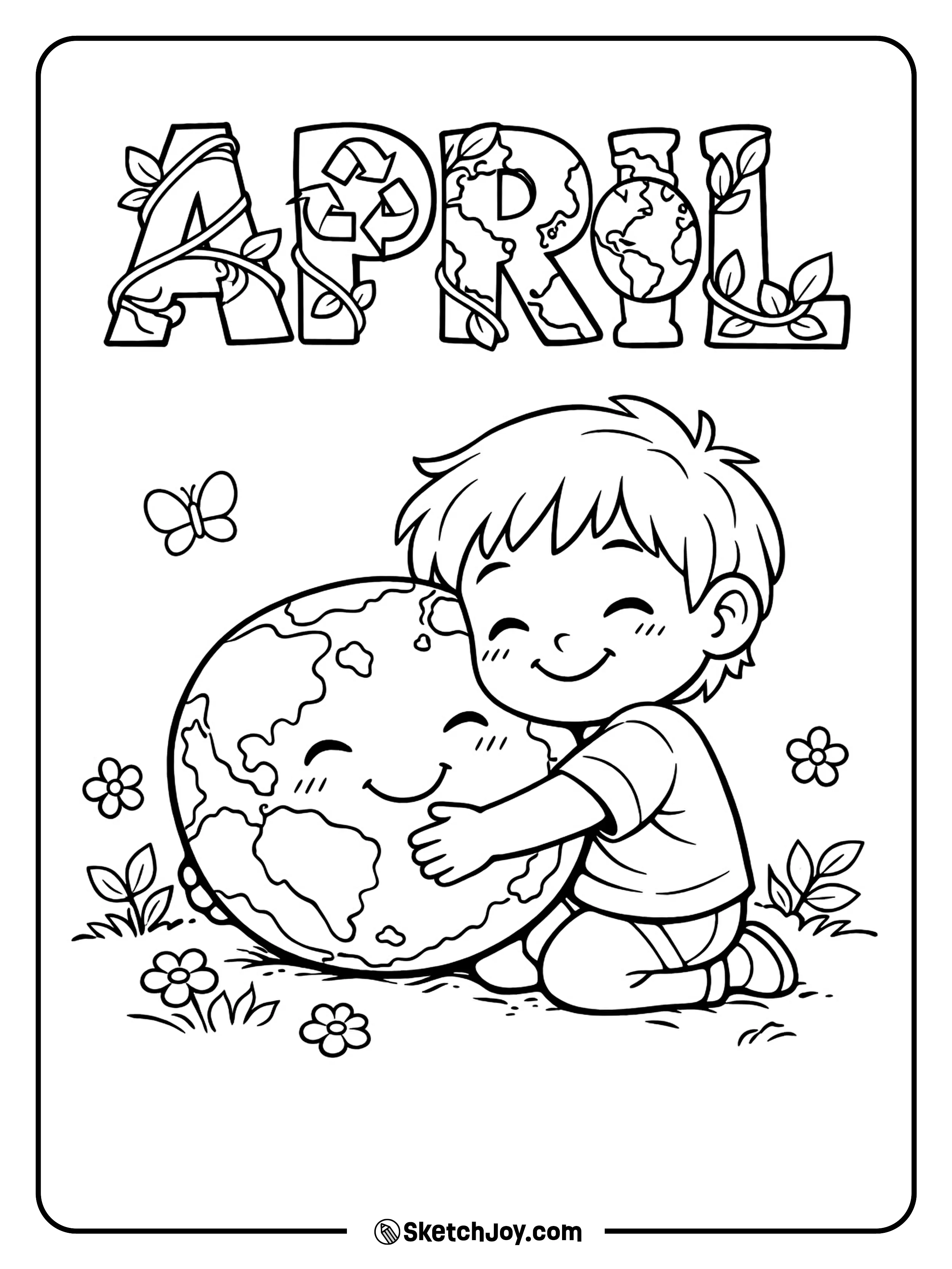 A smiling child hugs the Earth with leaves and flowers around.