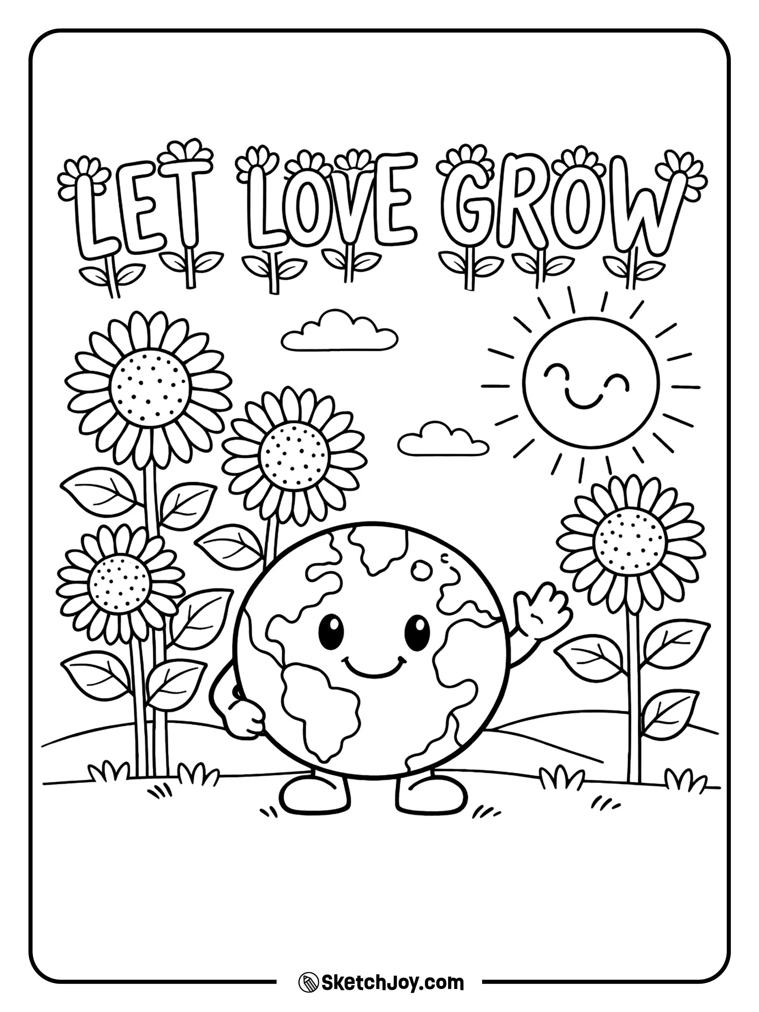 The Earth stands in a field of tall happy sunflowers.