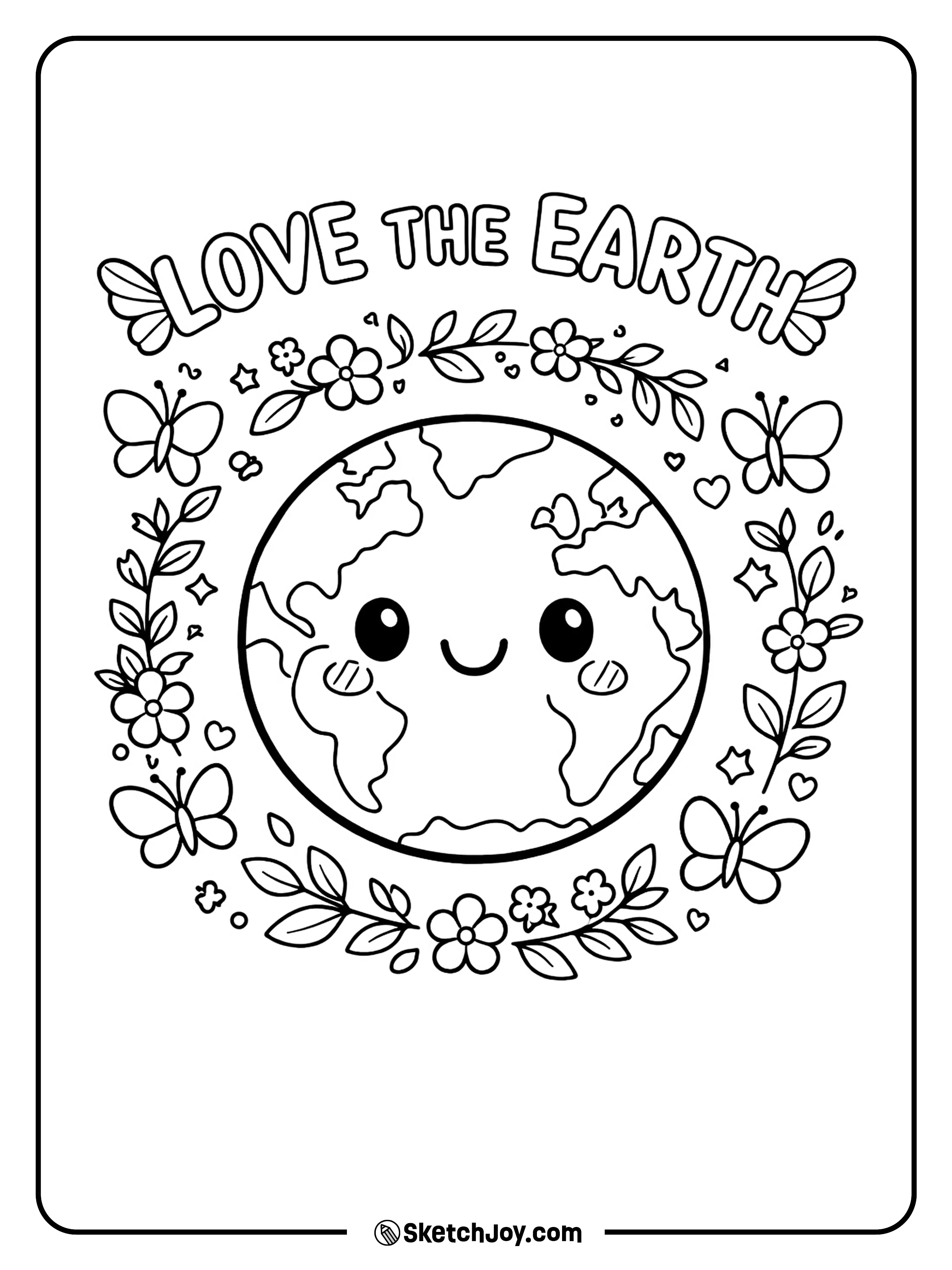 A peaceful Earth rests among butterflies and spring leaves.